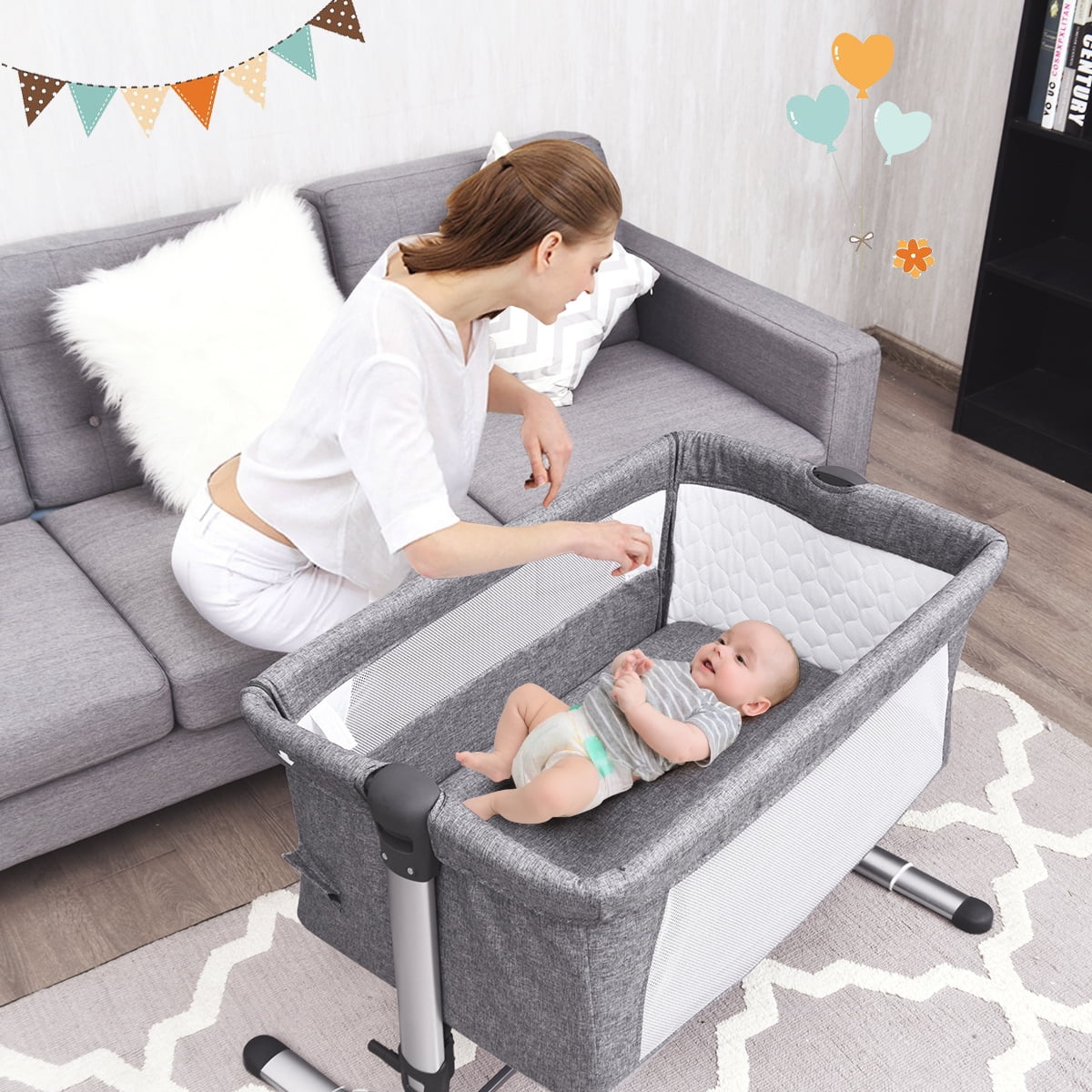 Costway Baby Playard Bassinet Bed Side Crib Infant Sleeper Breathable Mesh with Carrying Bag Gray - Image 8