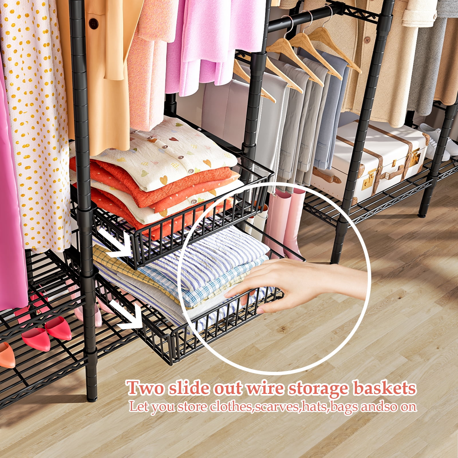 Untyo Clothes Rack Heavy Duty, Metal Clothing Racks for Hanging Clothes, Garment Rack with 4 Hang Rods & 6 Shelves & 2 Pull-Out Storage Baskets, Adjustable Closet Rack - Image 3