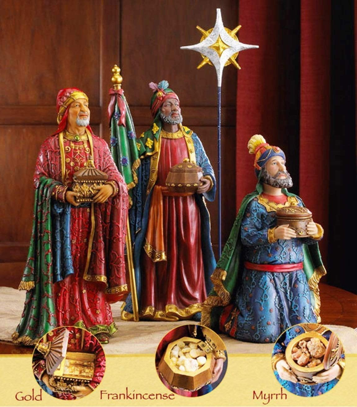 Three Kings Nativity Figurines with Real Gold, Frankincense and Myrrh, Set of 11, 7 inch Scale - Image 3