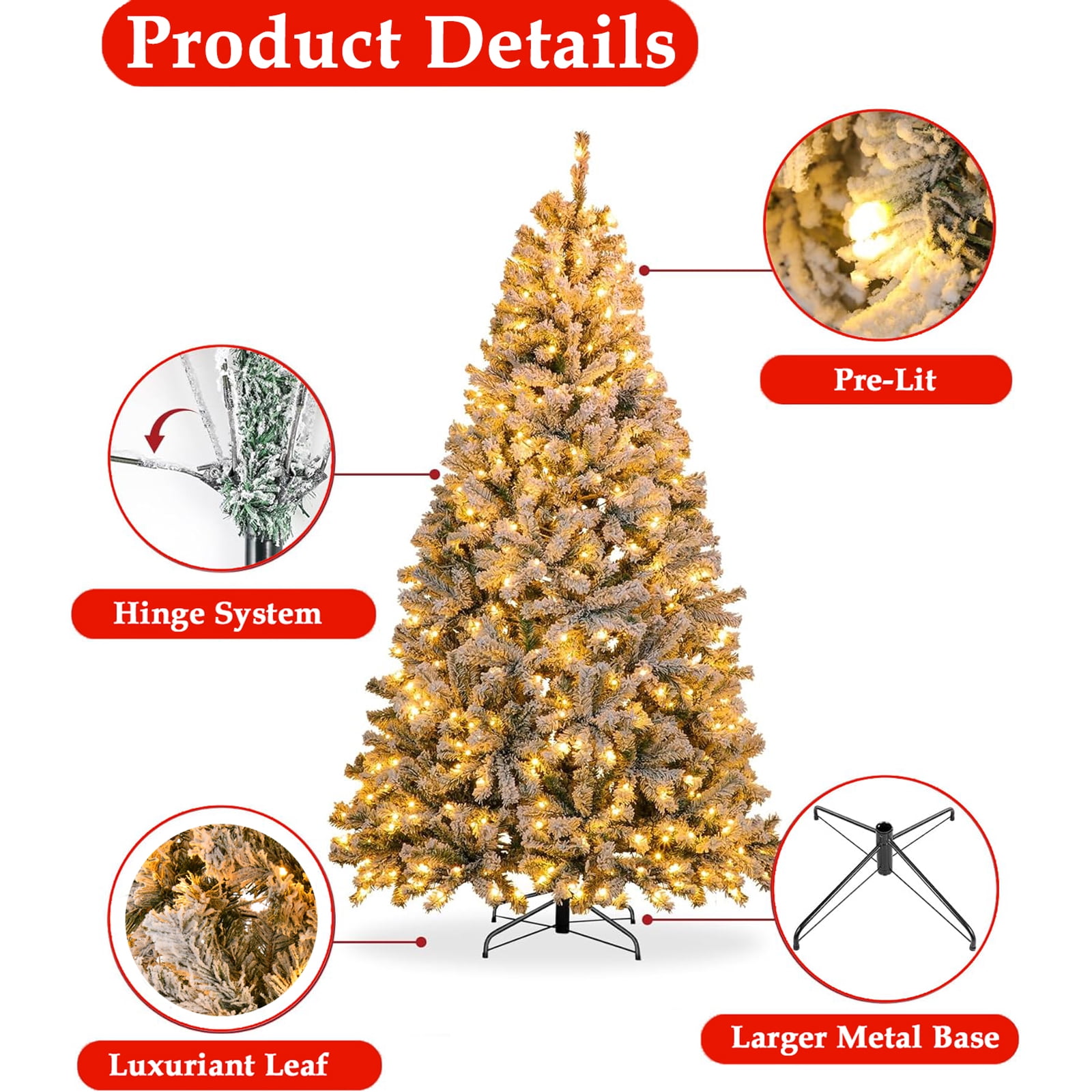 SUGIFT 6ft White Artificial Frosted Christmas Tree, Premium Holiday Pine Branches, Foldable Metal Base w/ 1000 Tips 250 Warm-White, Christmas Decor - Image 9