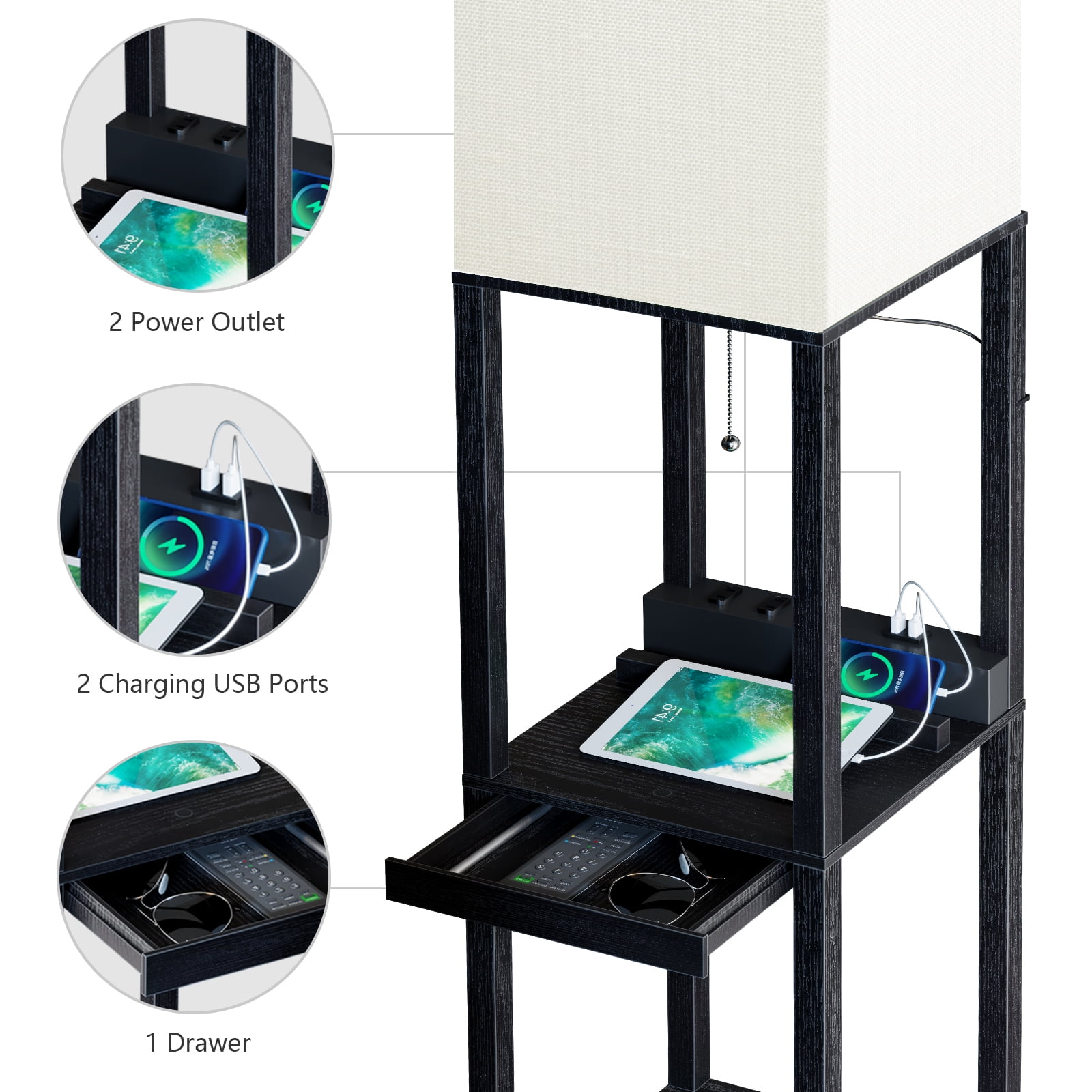 AOHAO Floor Lamp with Shelves,Tall Dimmable Lamp with 2 Charging Ports and 1 Power Outlet, Floor Lamps for Bedrooms for Living Room, Matt Black - Image 8