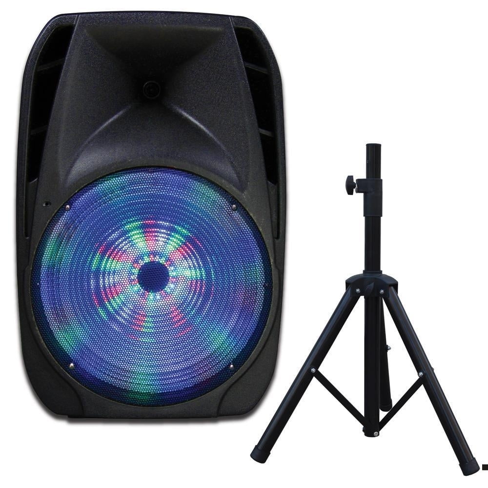 IQ Sound IQ-4415DJBT 15-inch Professional Bluetooth Speaker with Tripod Stand, 900 Watts, Moonlight Glow, USB/Micro SD/Mic Input, FM Radio, AC/DC Power, Handle, Wheels and Rechargeable Battery - Image 5