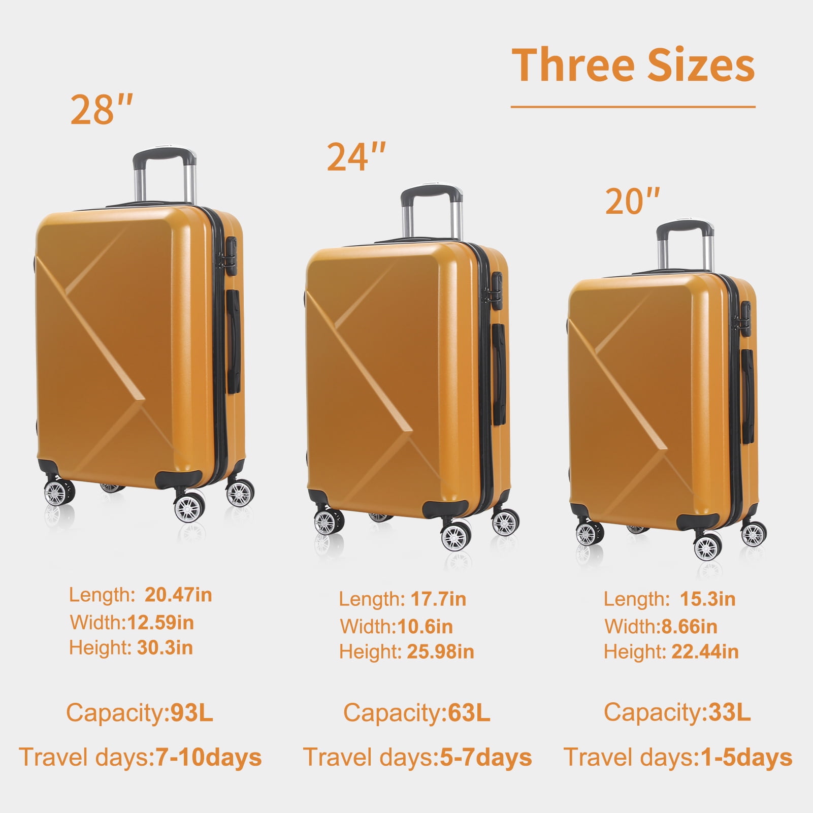 AEDILYS 3 Pcs Suitcase Luggage Set, 20"/24"/28" - Orange - Image 7
