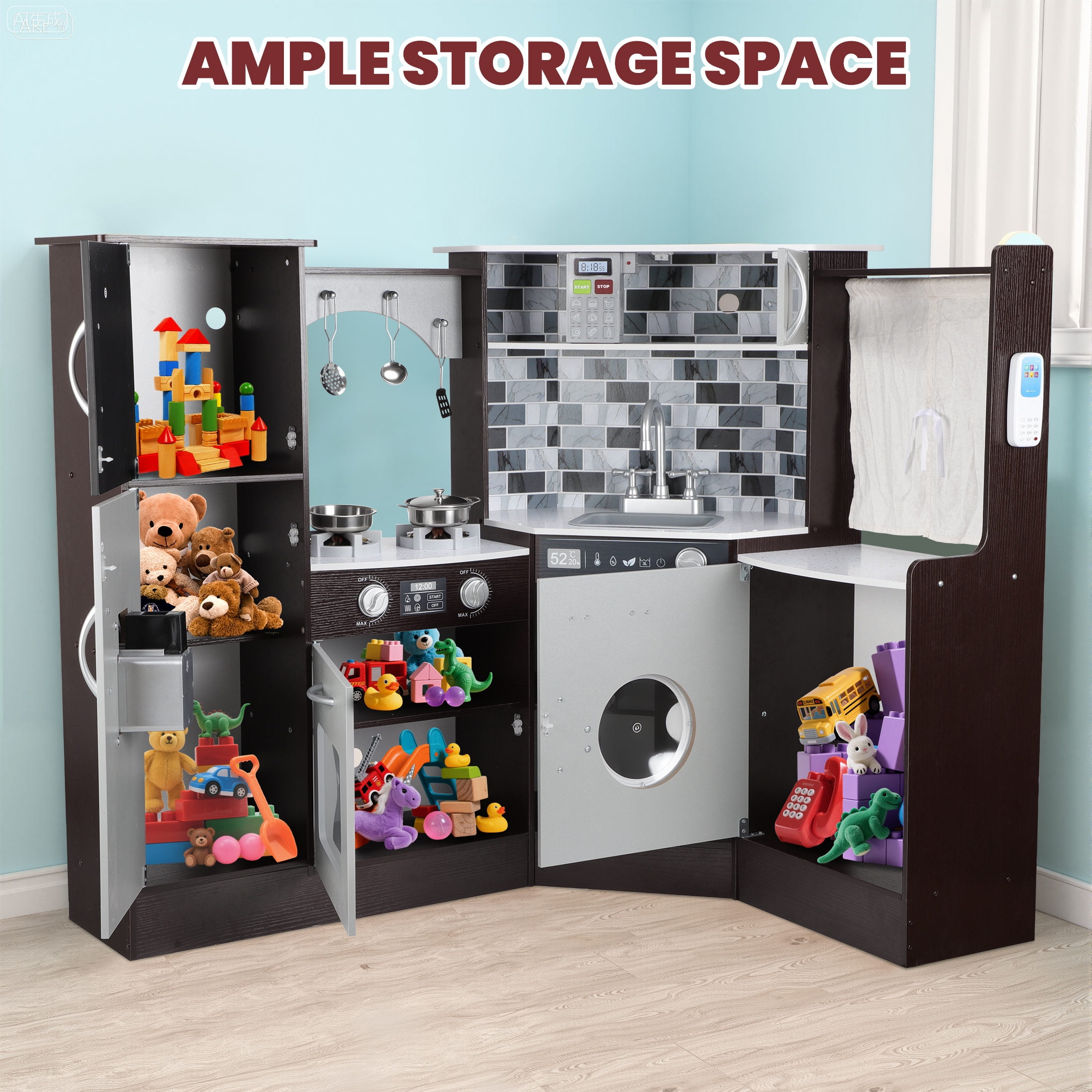 iYofe Corner Wooden Play Kitchen, Kids Kitchen Playset w/Light & Sound, Phone, Microwave, Stove, Cocina de Juguete Para Niña with Cooking Toys Accessories for Toddler Ages 3-5 Boys Girls, Espresso - Image 3