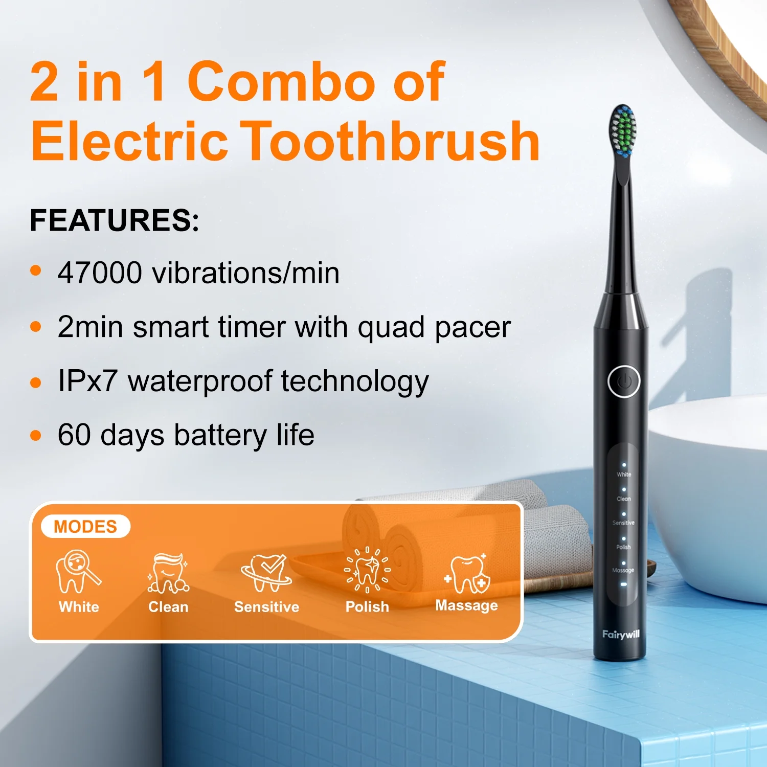 Fairywill Electric Toothbrush Water Flosser Combo, 47000/min Sonic Toothbrush with 5 Modes and 300ml Oral Irrigator,4 Brush Heads & 4 Jet Tips Included, Black - Image 4