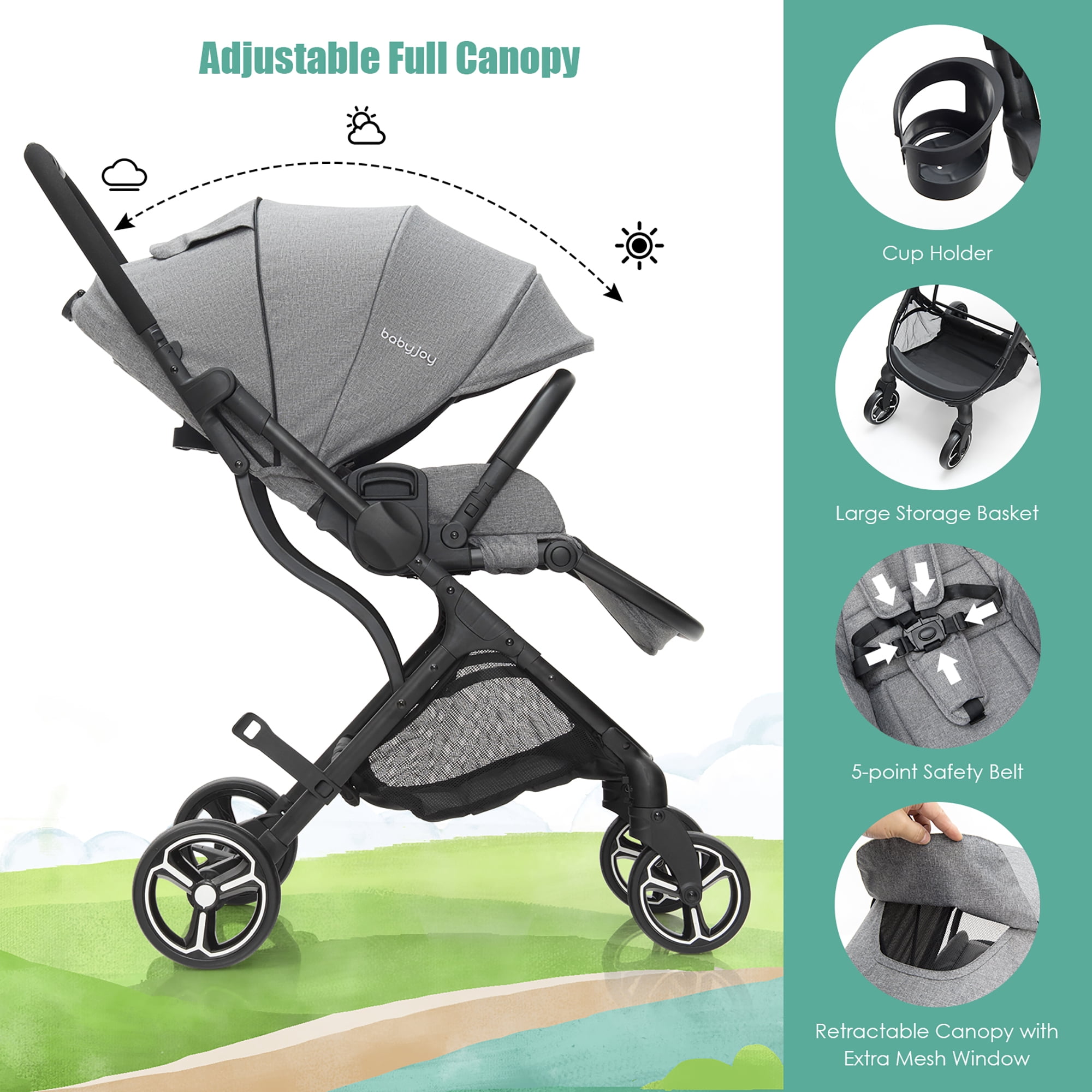 Costway High Landscape Foldable Baby Stroller with Reversible Reclining Seat 20 lbs Gray - Image 7