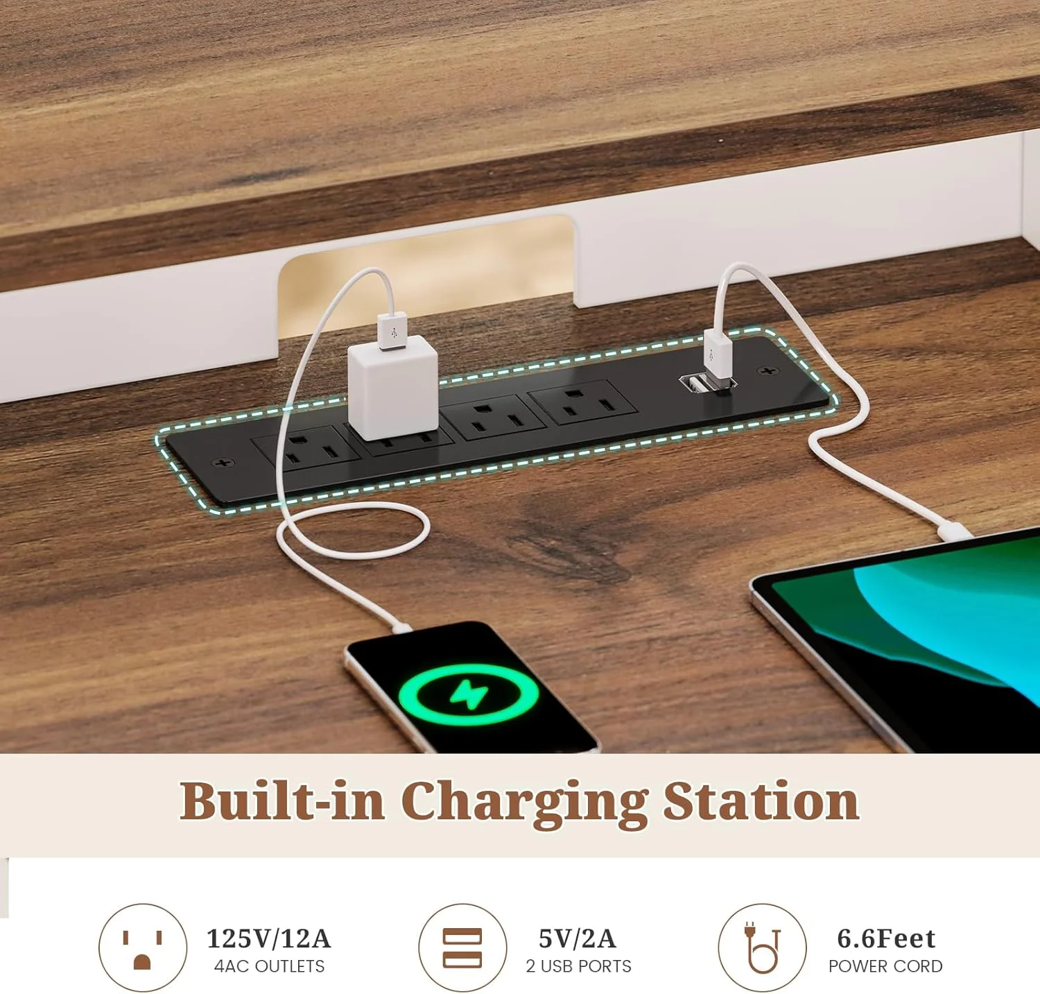 60'' Farmhouse Executive Desk with Drawers, Computer Desk with Power Outlet and LED Lights for Home, Office, White - Image 3