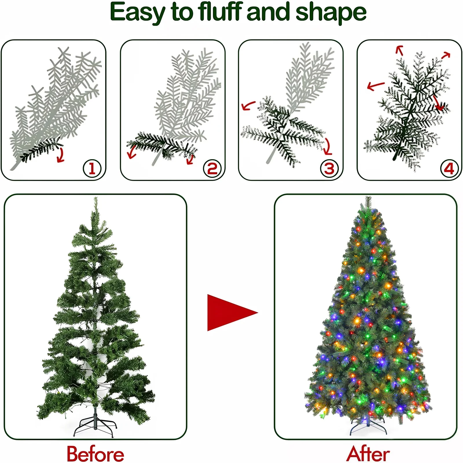 Fenbeli 6ft Pre-Lit Artificial Christmas Tree with 250 Multicolored LED Lights, 8 Sequences, Green - Image 3