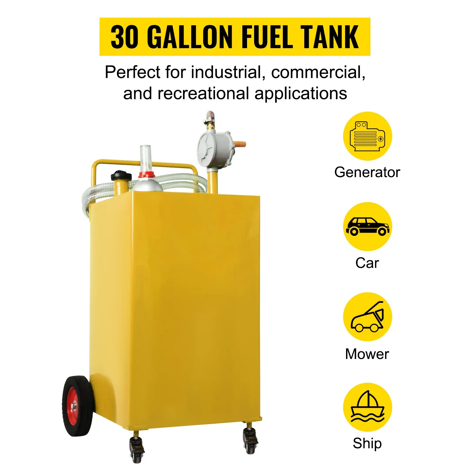 BENTISM Fuel Caddy, 30 Gallon, Gas Storage Tank & 2 Wheels, with Manuel Transfer Pump, Gasoline Diesel Fuel Container for Cars, Lawn Mowers, ATVs, Boats, More, Yellow - Image 2
