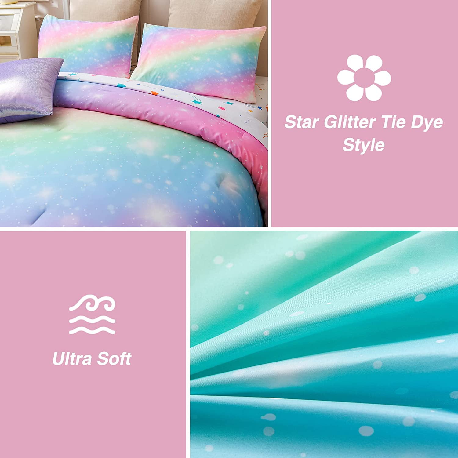 NTBED Gradient Glitter Bedding Set for Girls Twin Size Colorful Rainbow Galaxy Comforter Set Pink 6Pcs Bed in a Bag - Image 7