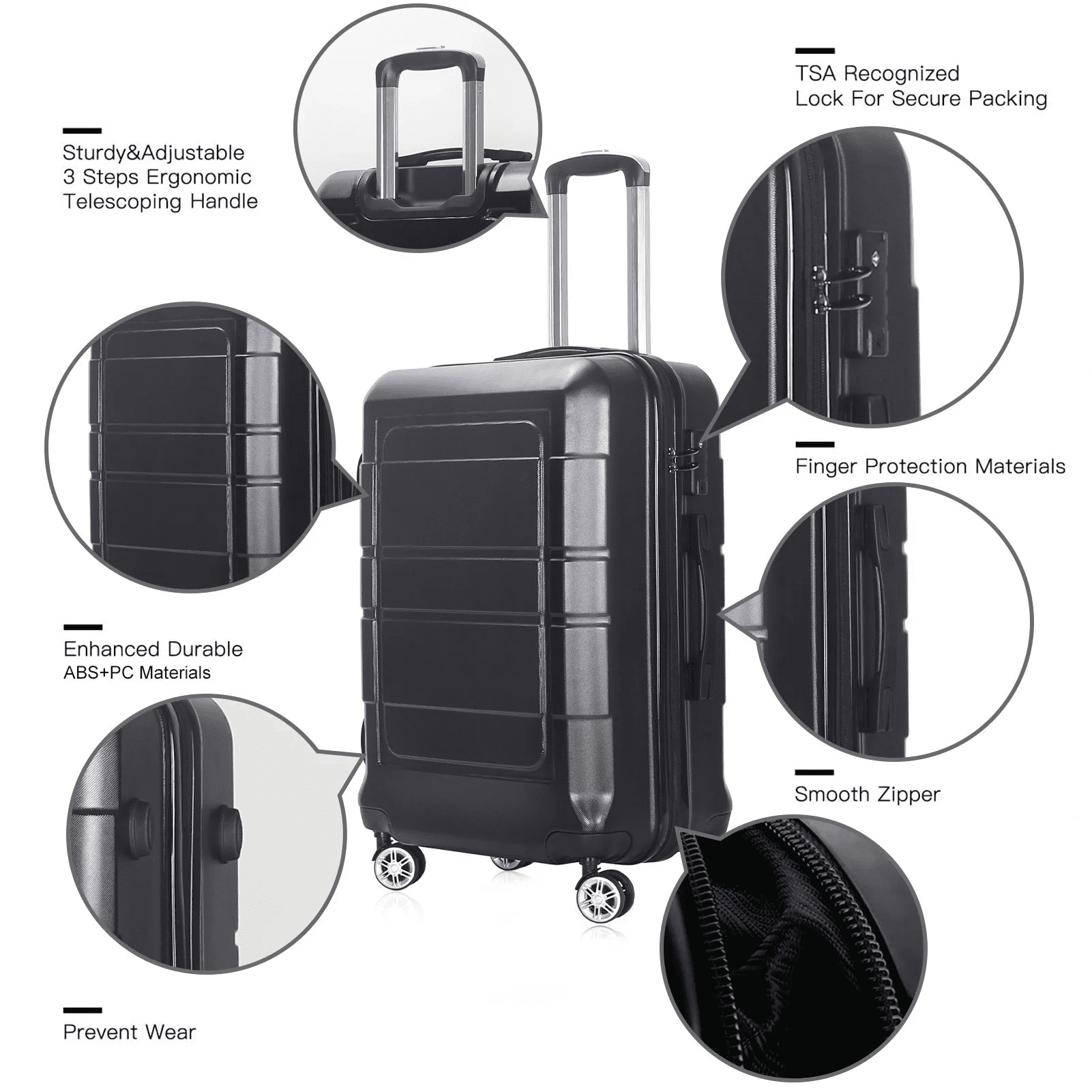 AEDILYS 20" Carry On Spinner Luggage with Ergonomic Handles, Black - Image 3