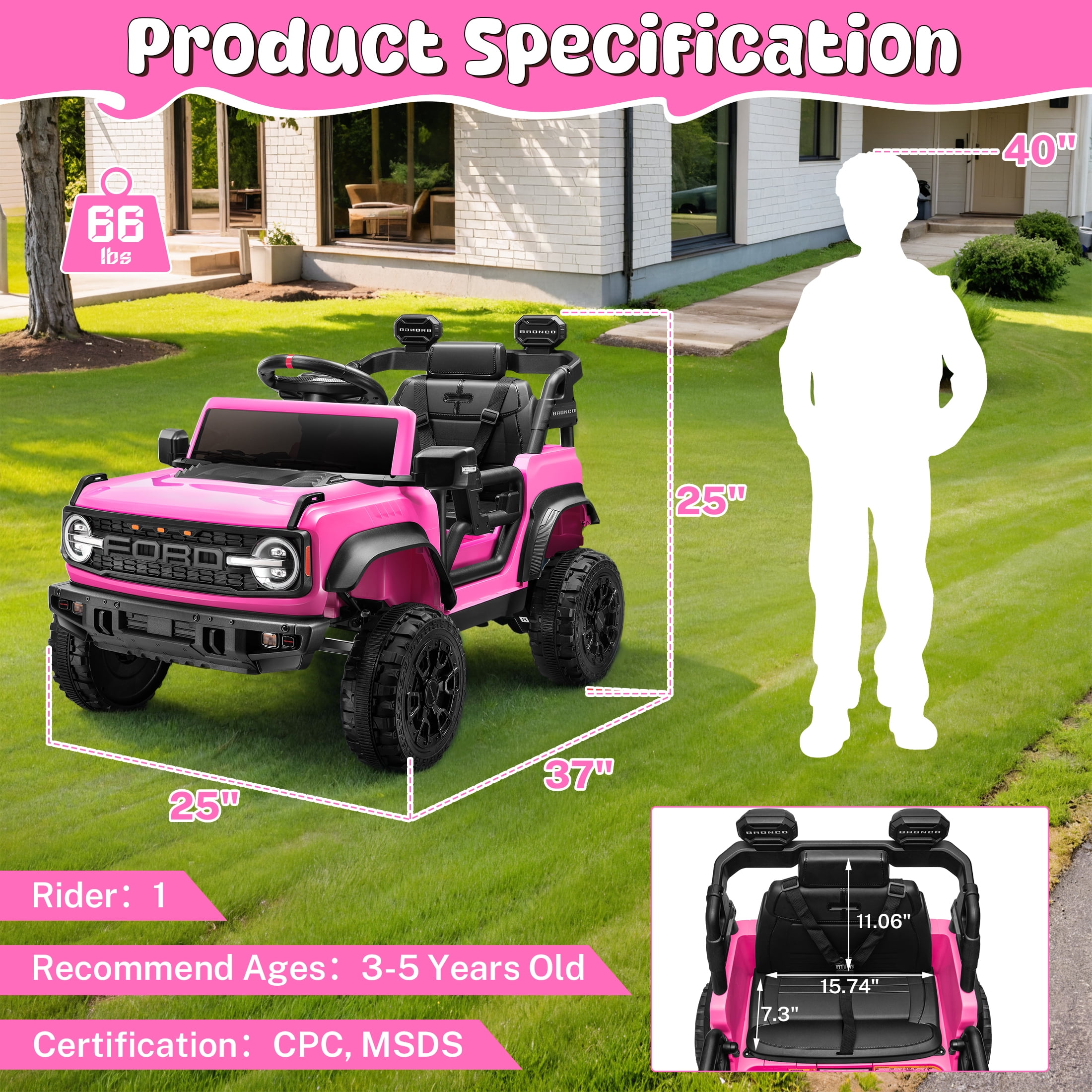iYofe Ford Bronco Raptor Electric Ride on Toy Car for Toddler Kids, 12V Battery Powered Ride on Cars w/Remote Control, Bluetooth & Lights, Pink - Image 3