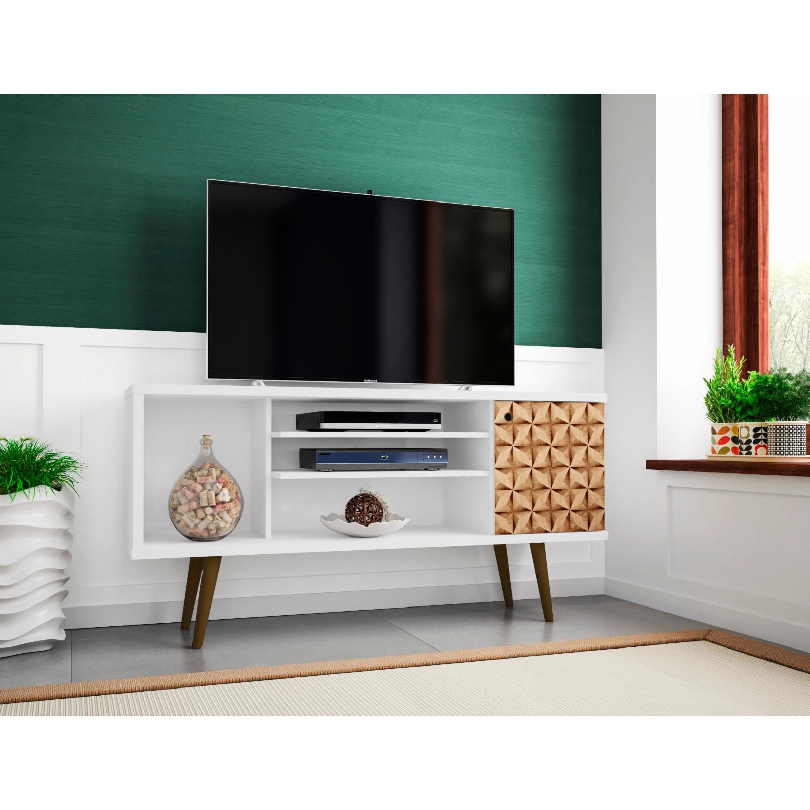 53.14" Mid Century - Modern TV Stand with 5 Shelves and 1 Door, White and Brown - Image 9