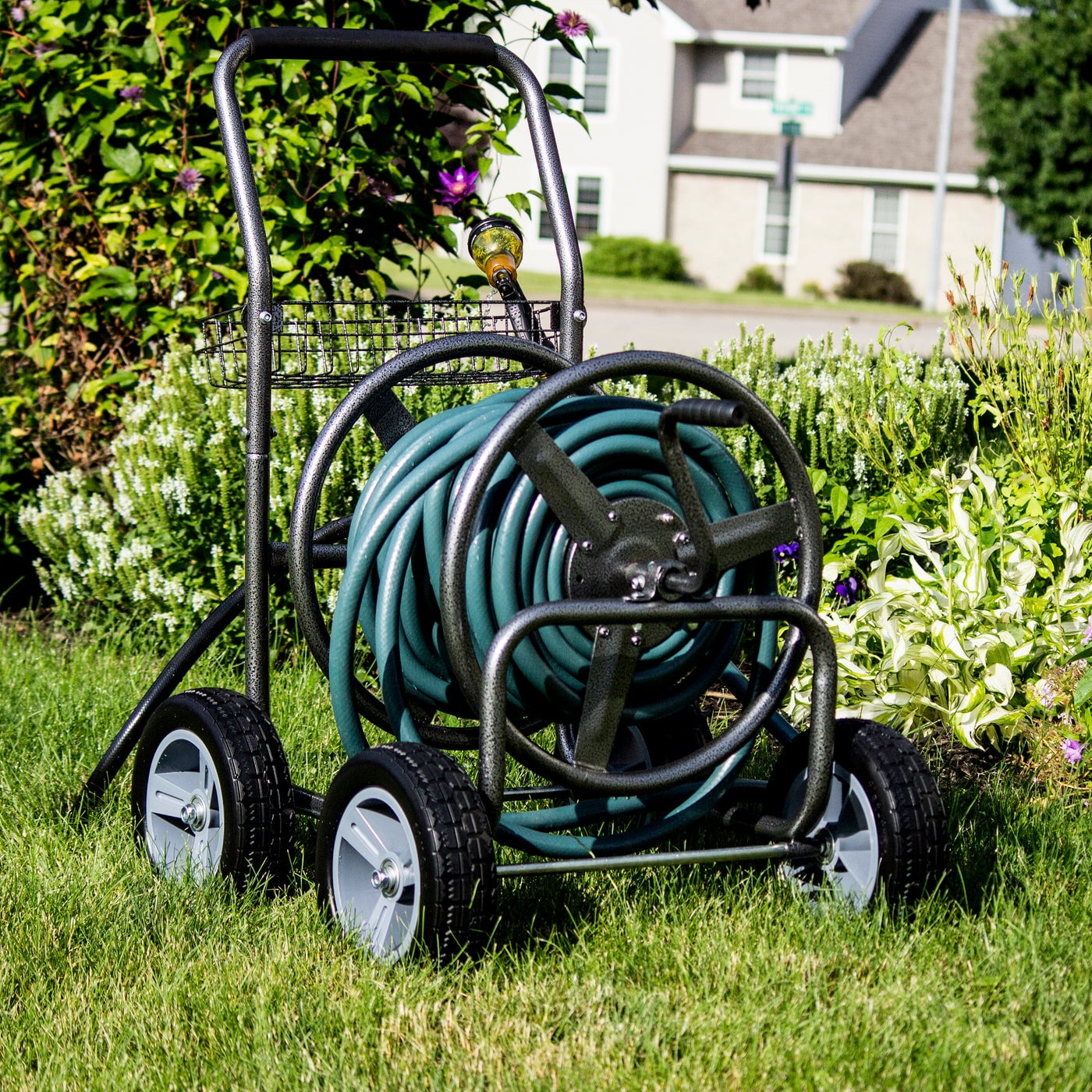Backyard Expressions Commercial Four Wheel Hose Reel Cart - Heavy Duty Rolling Hose Caddie for Gardening - 350 Ft Hose Capacity - Image 4