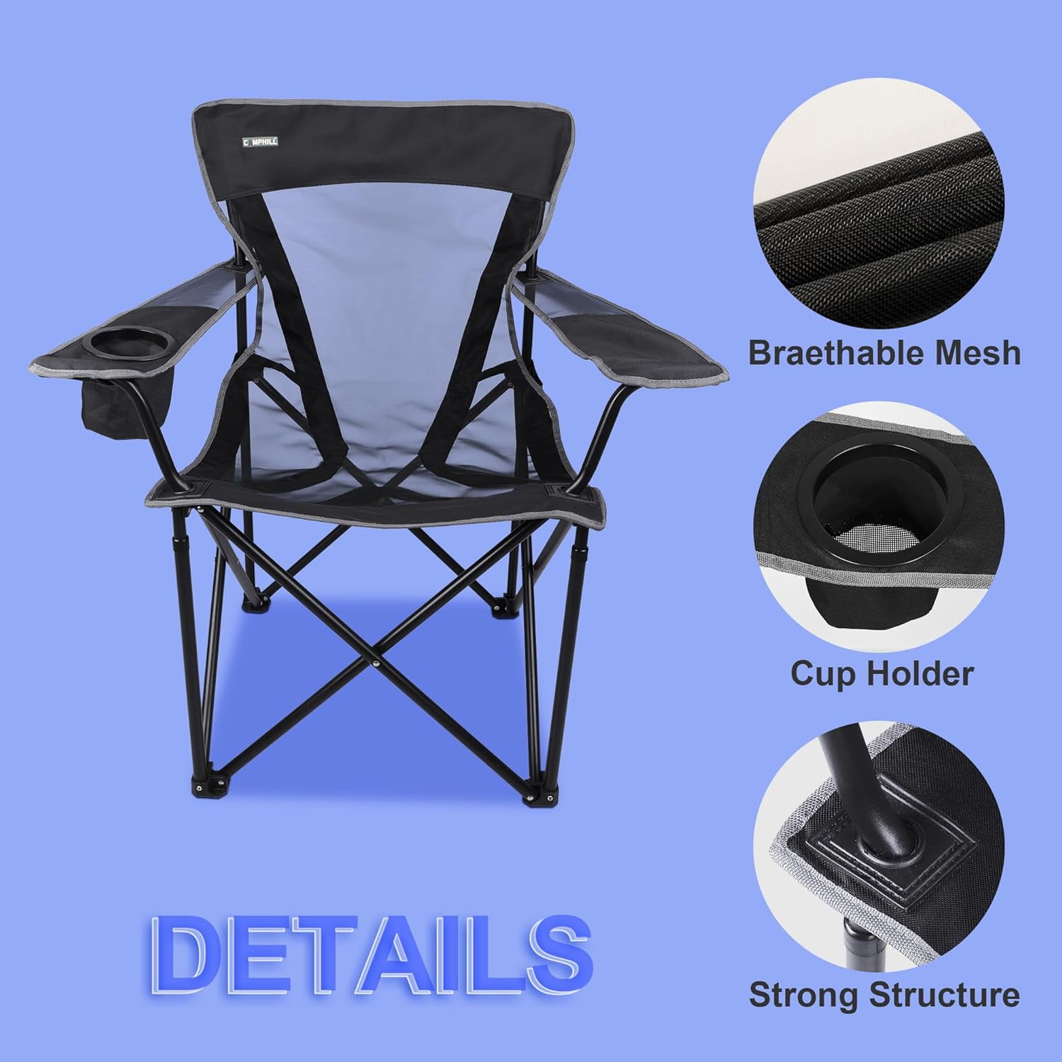 Camping Chair Portable Folding Chair Cooling Mesh Back Outdoor Lawn Chair with Cup Holder and Carry Bag Supports up to 300lbs - Image 4