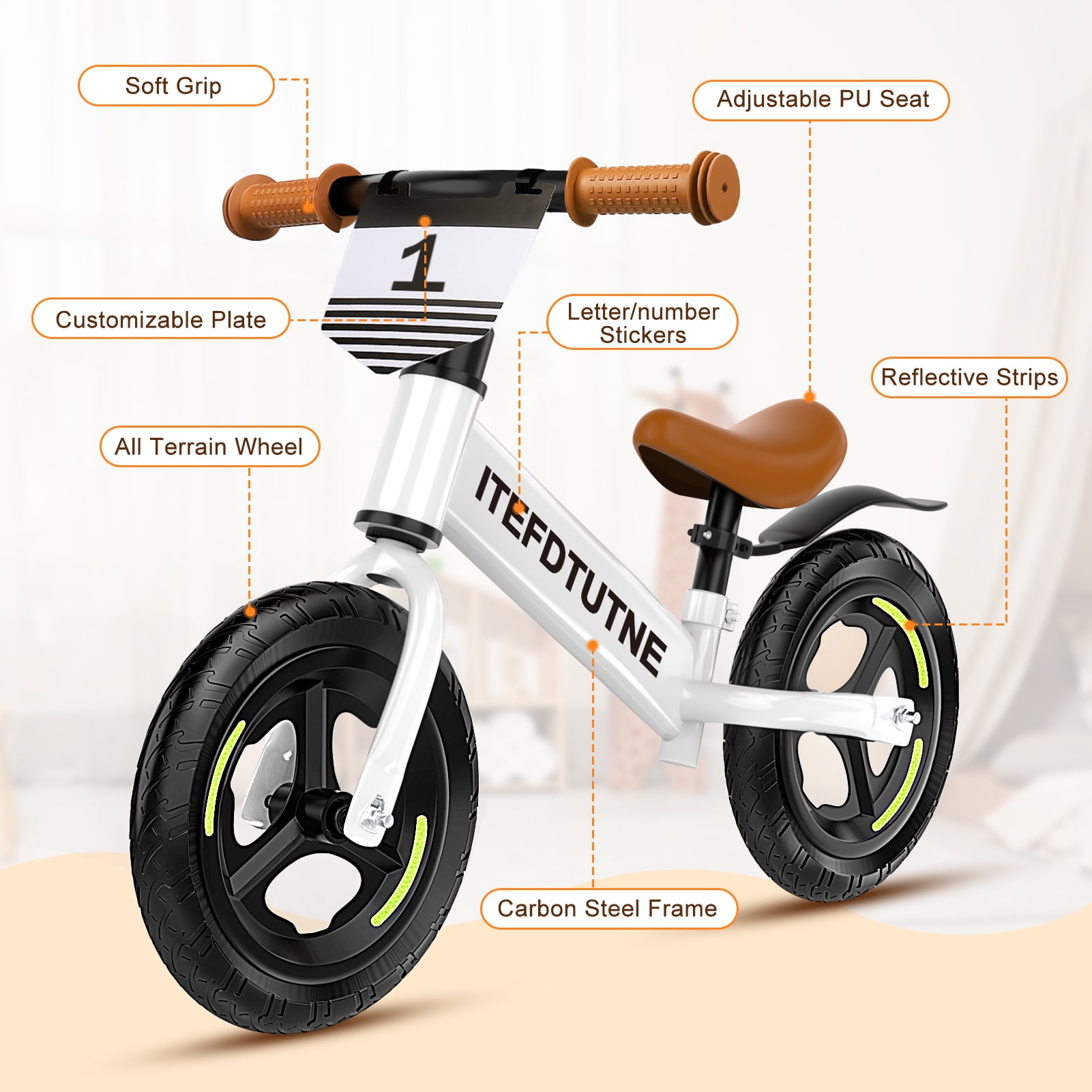 DOMQGA 12" Balance Bike for Kids,Adjustable Seat and Handlebar,No Pedal Balance Bicycle with Fender for Kids Ages 18 Months to 5 Years ,White - Image 5