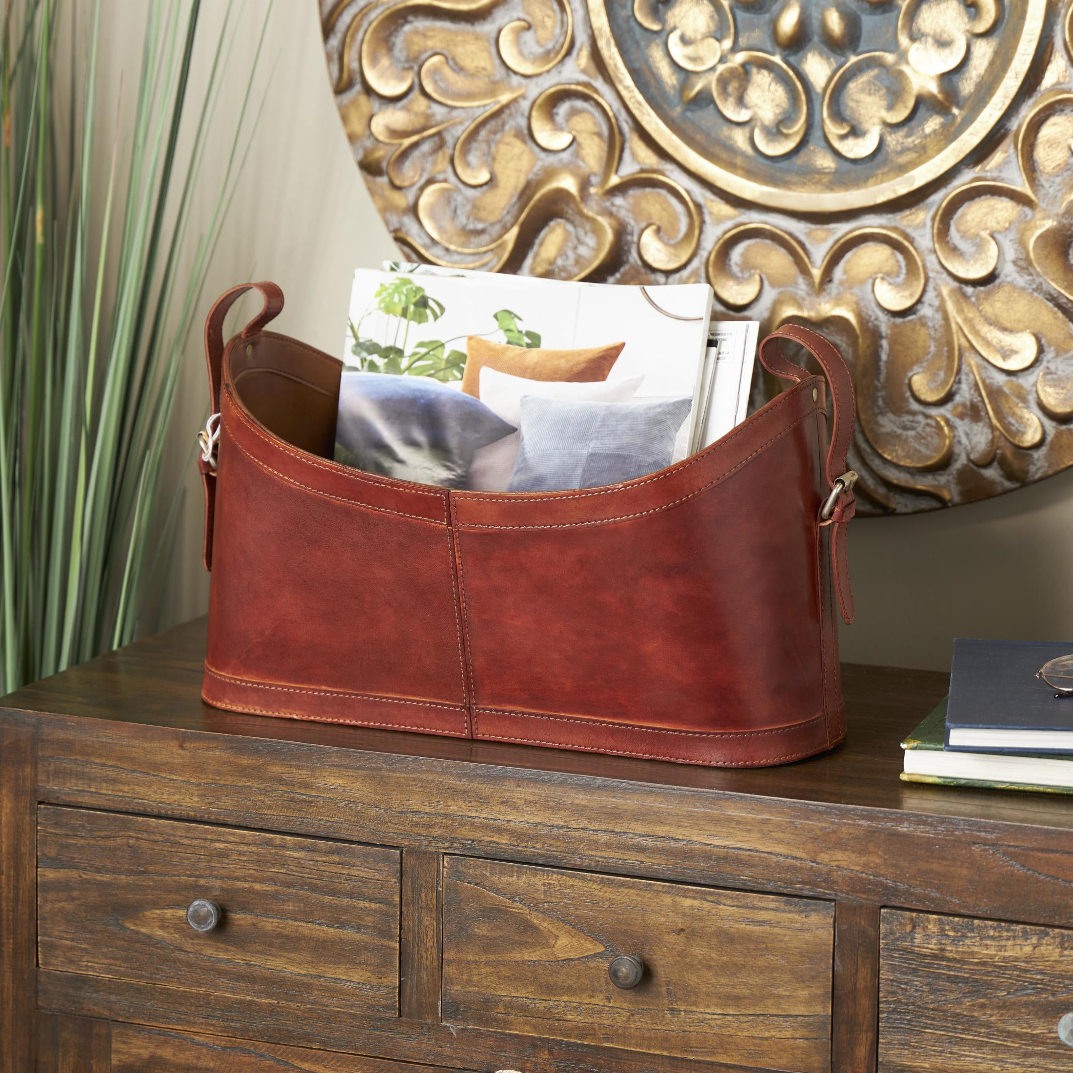 DecMode 12" Brown Leather Handmade Curved Box Style Single Slot Magazine Holder with Buckle Handles - Image 5