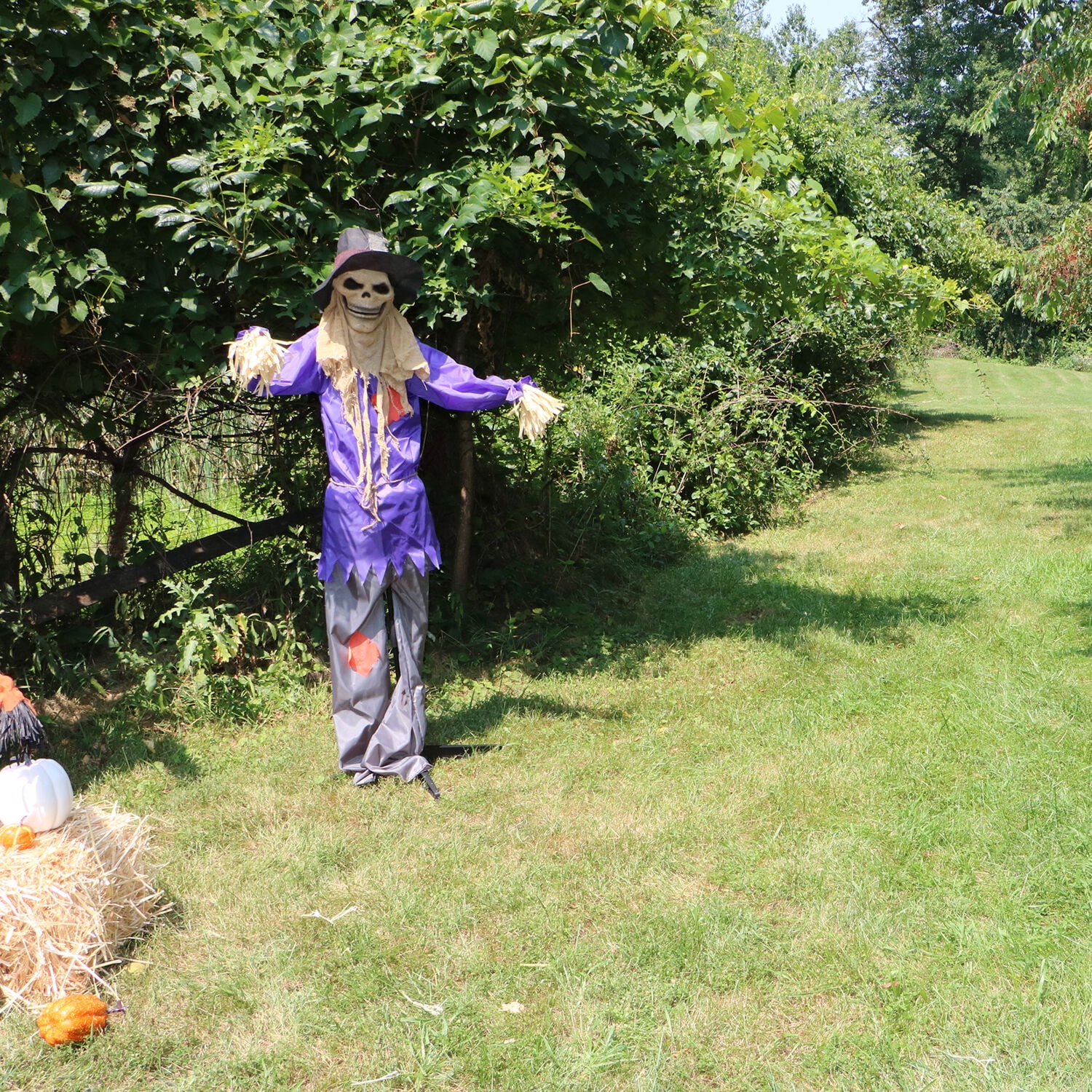Haunted Hill Farm 6 ft Standing Halloween Scarecrow Yard Decoration with LED Green Eyes, HHSCR-5FLS - Image 3