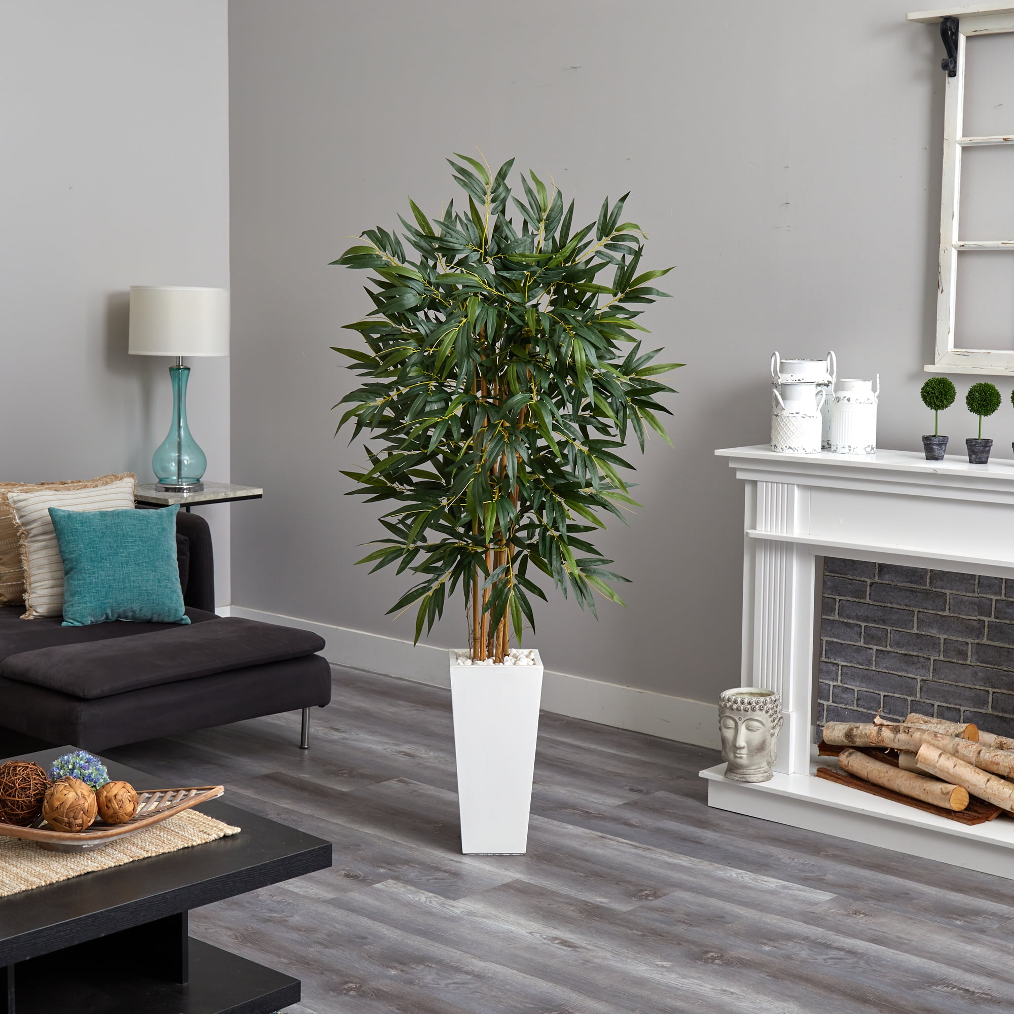 Nearly Natural 6' Bamboo Artificial Tree in White Tower Planter, Green - Image 3