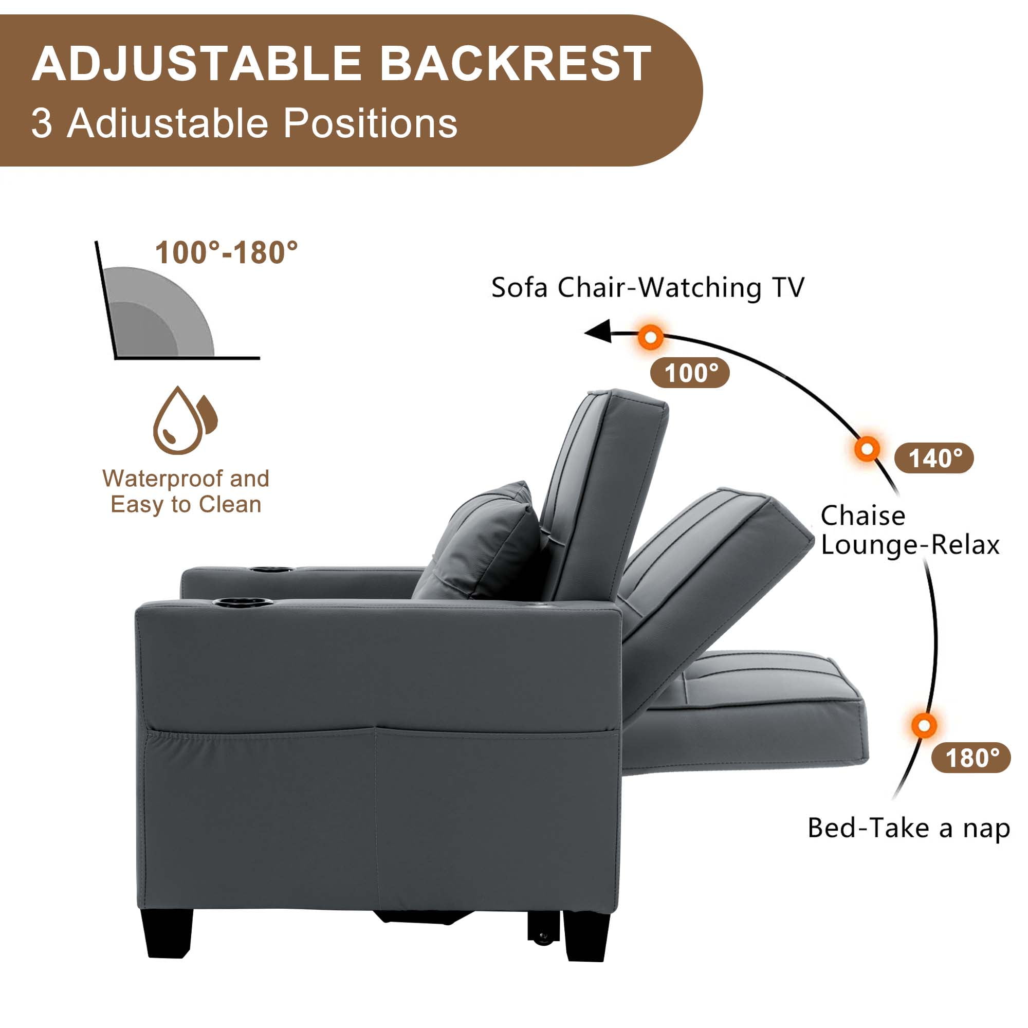 Aukfa Futon Convertible Sleeper Sofa Chair with USB Ports Cup Holders for Living Room, Dark Gray - Image 6