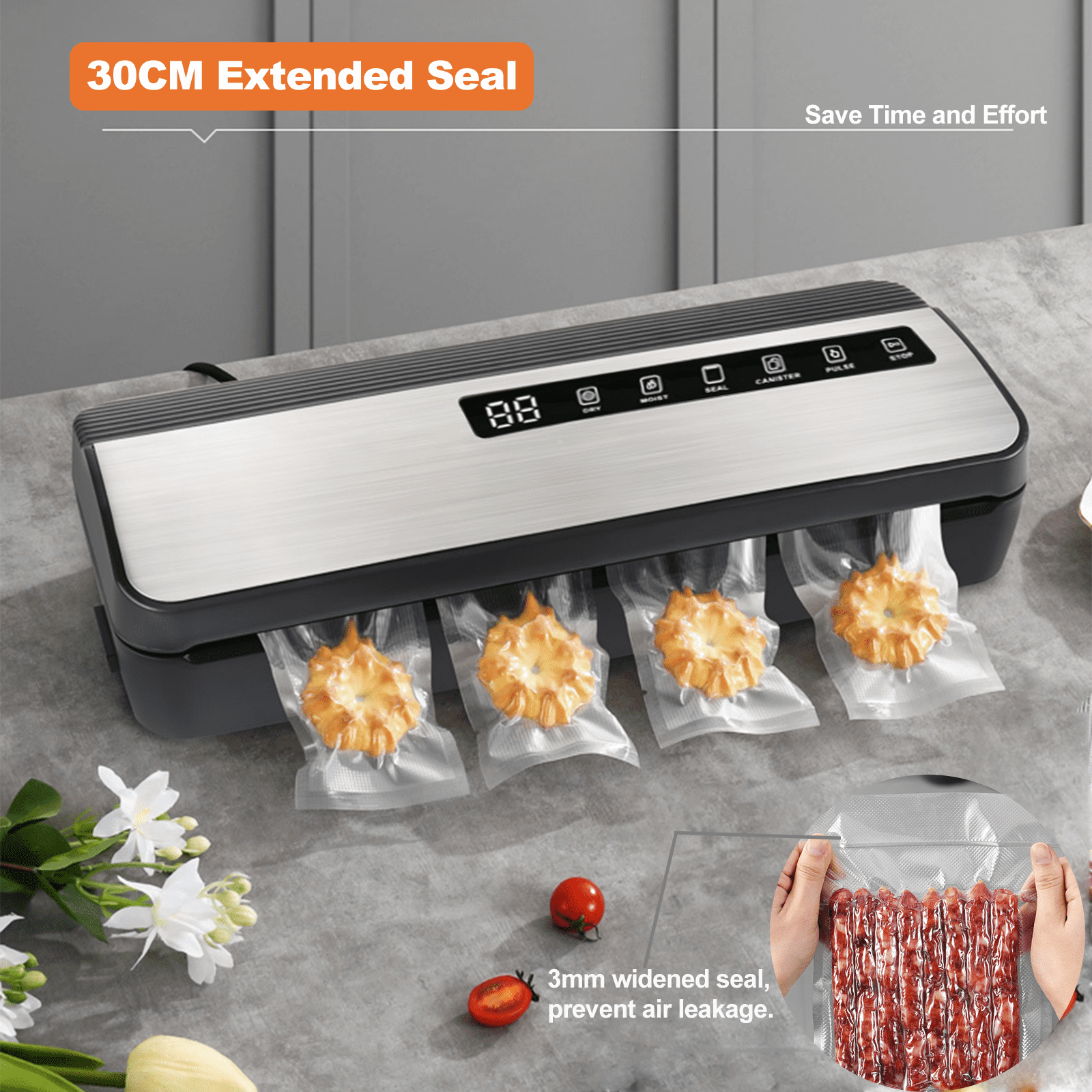Vacuum Sealer, Food Vacuum Sealer Machine, 80kPA Compact Food Preservation System for Sous Vide and Food Storage, with Cutter, Vacuum Hose Attachment Jars, 1 Bag Rolls, 20 Sealer Bags - Image 6