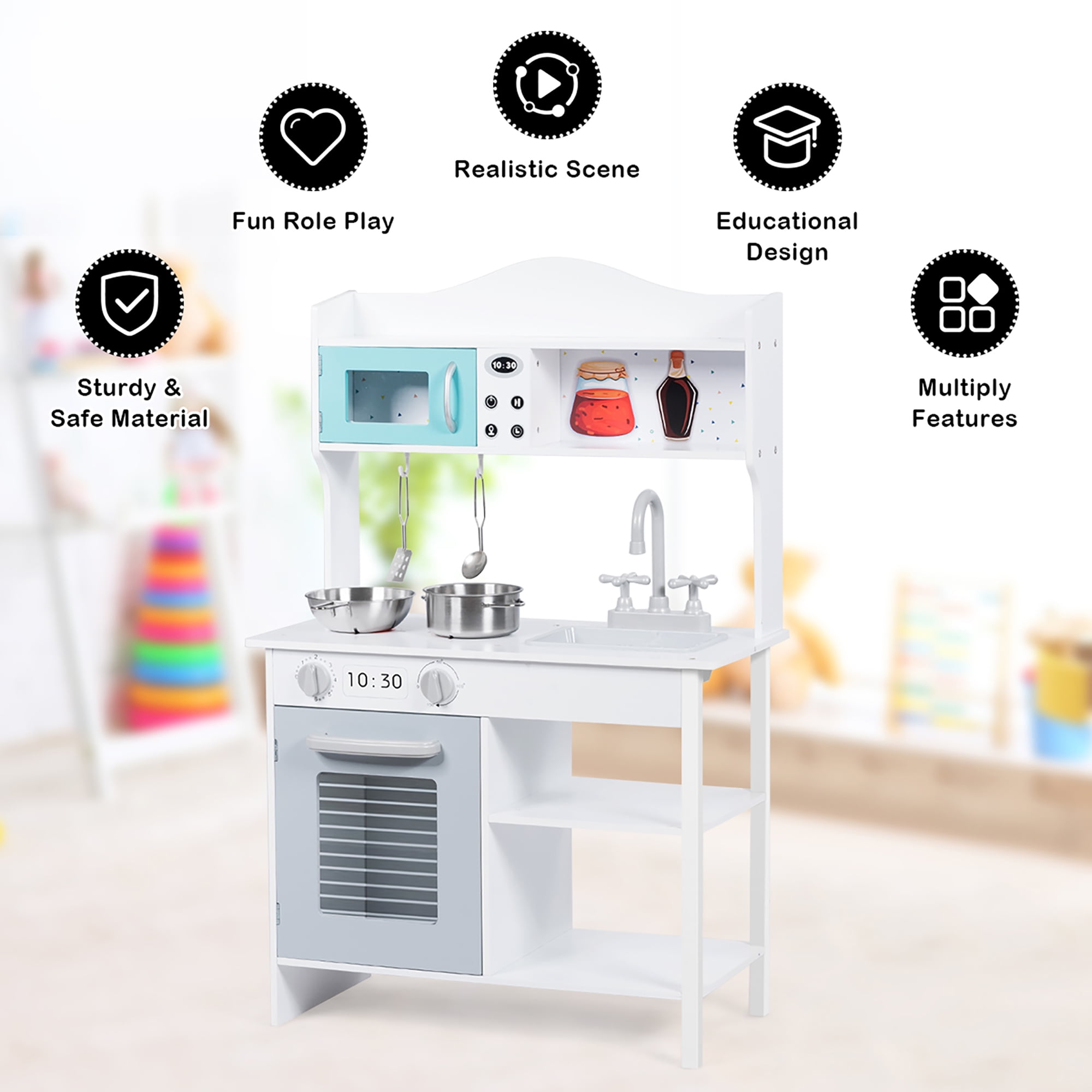 Costway Kids Kitchen Playset Cookware Cooking Set with Pots & Pans - Image 4