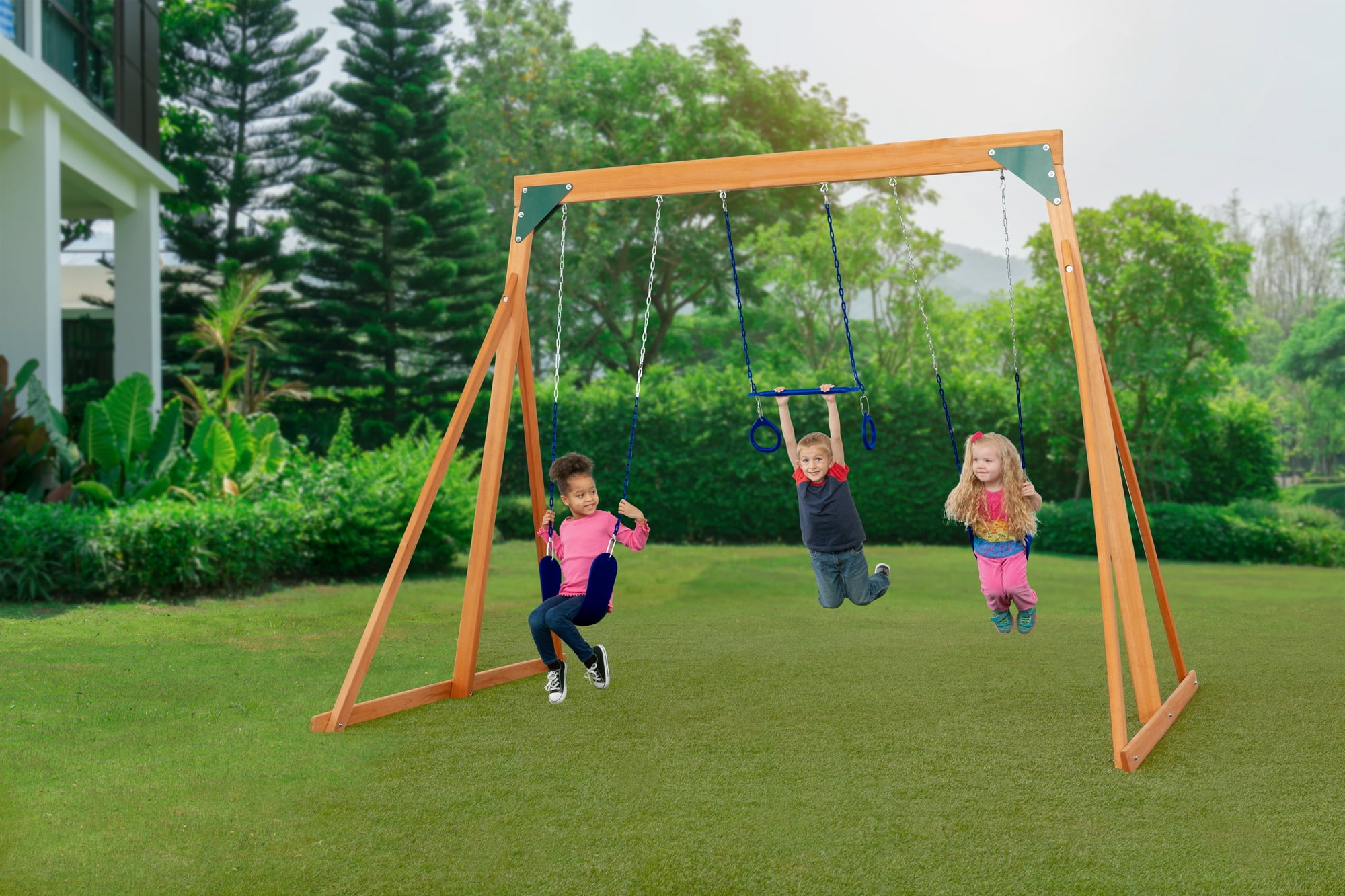 Trailside Cedar Swingset with Belt Swings and Trapeze Bar, All Wood, Hardware, and Assembly Instructions Included - Image 4