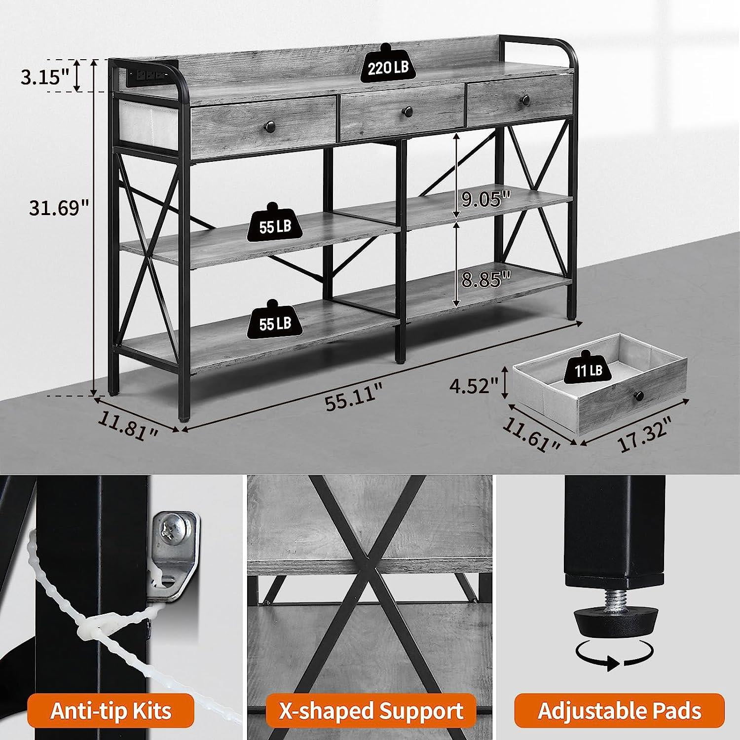 "Zimtown 55"" Industrial Console Table with Power Outlet and USB Ports, Gray, Suitable for Living" - Image 4