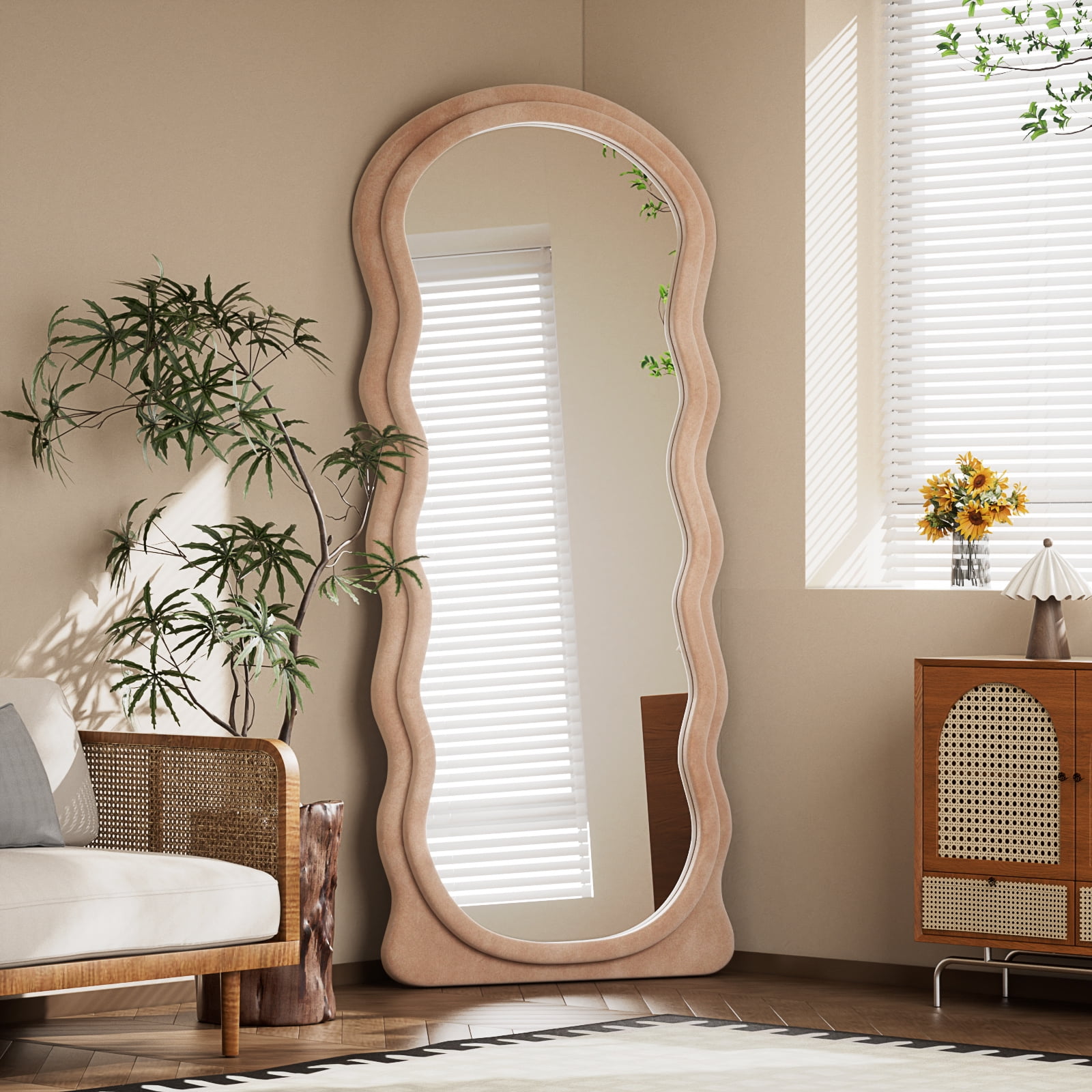 Anyrose 63"x24" Irregular Wavy Mirror Full Length Mirror With Flannel Frame, Light Brown - Image 6