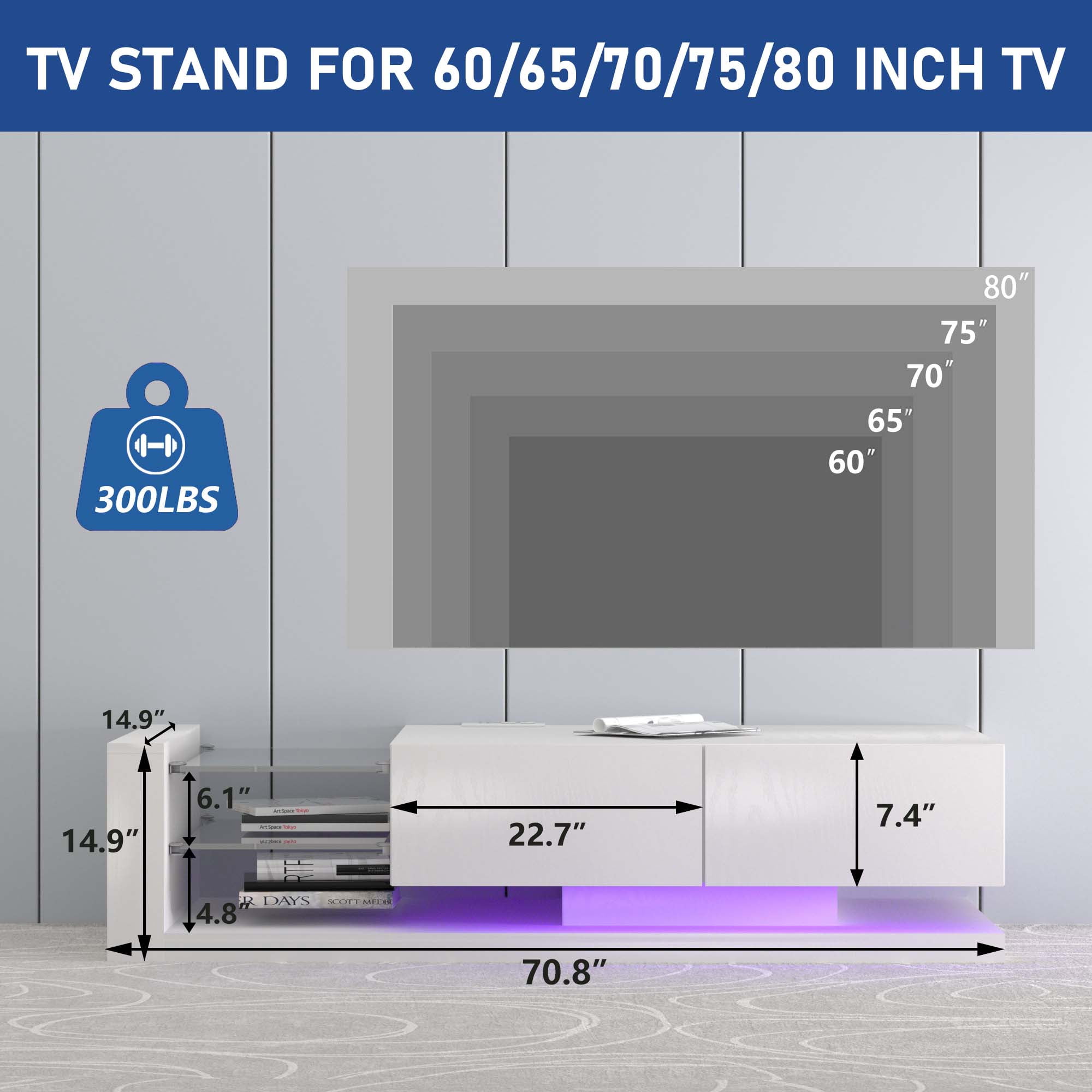 Aukfa Modern TV Stand for TVs up to 75", TV Console Table, LED Lights, Power Outlets - White - Image 4
