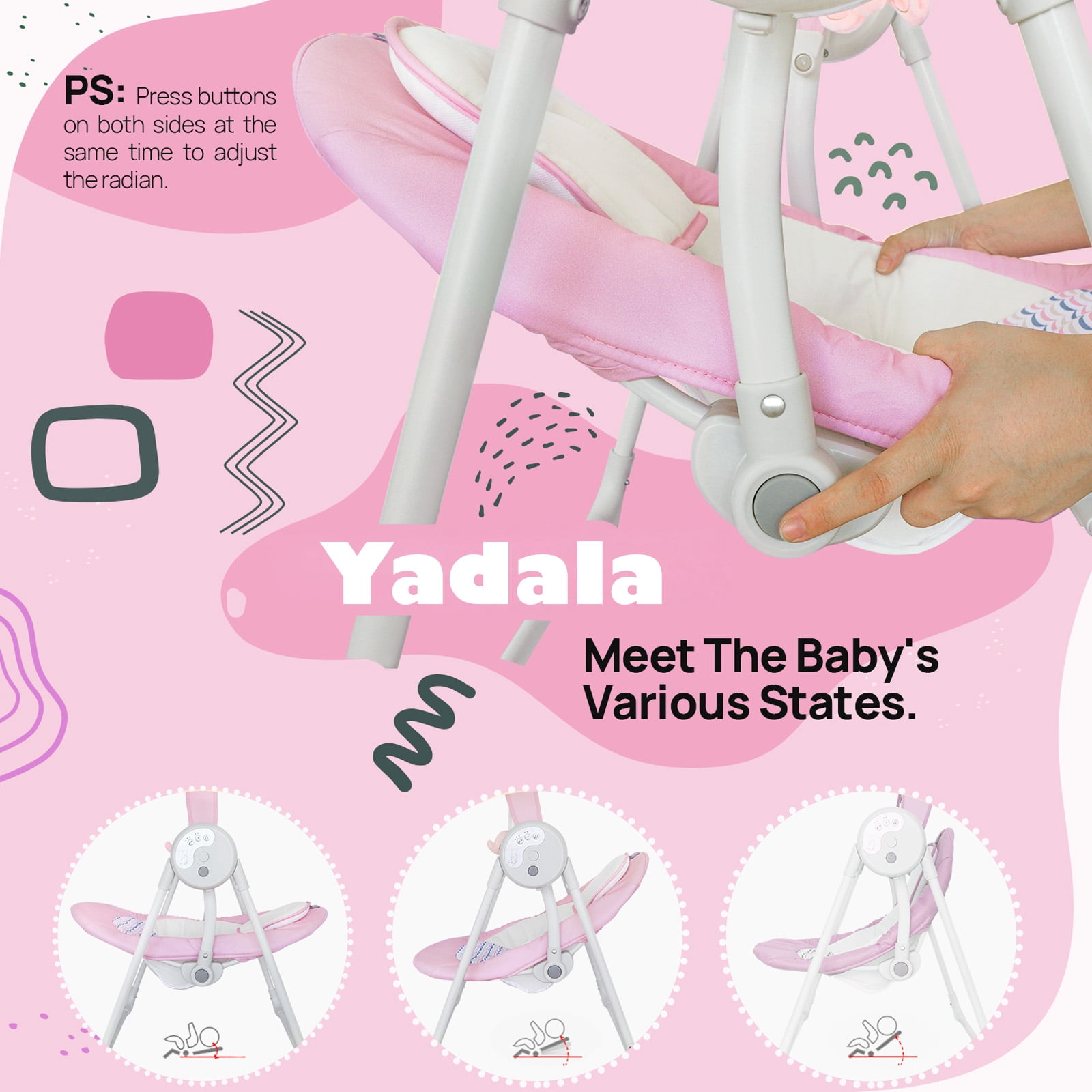 Yadala Baby Swing, Foldable Baby Swing for Infants with 5 Speed, 12 Music, 0-12 Months, Pink - Image 5