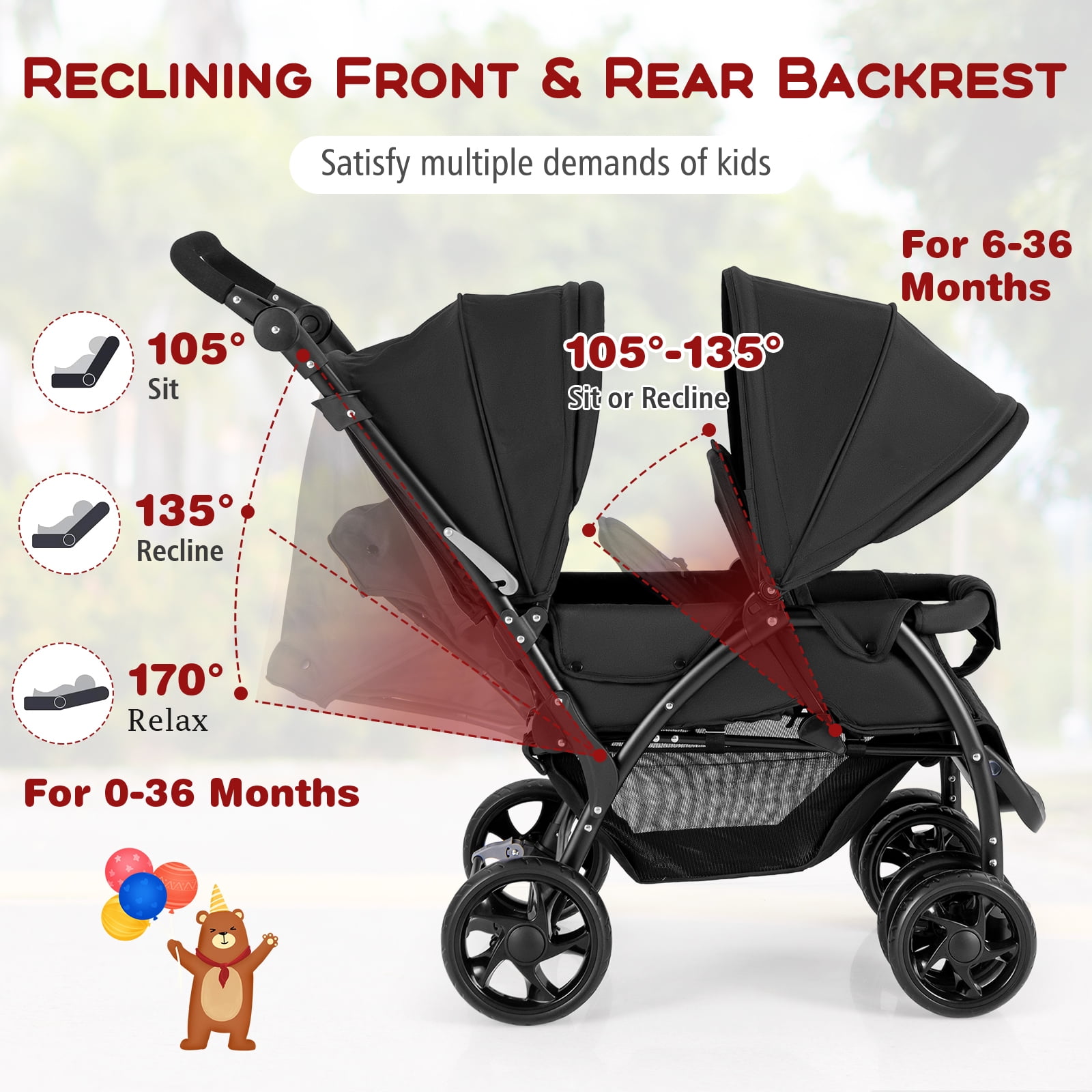Costway Double Stroller Foldable Baby Twin Lightweight Travel Stroller Infant Pushchair Black - Image 3