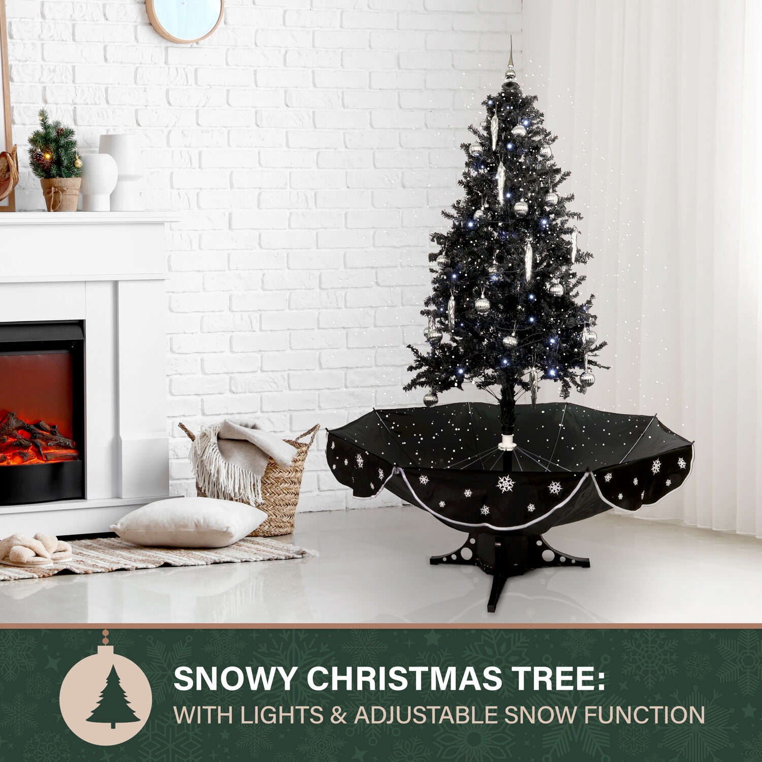 Fraser Hill Farm White Prelit LED Black Decorated Pine Musical Christmas Tree, with Umbrella Base 6.25' - Image 7