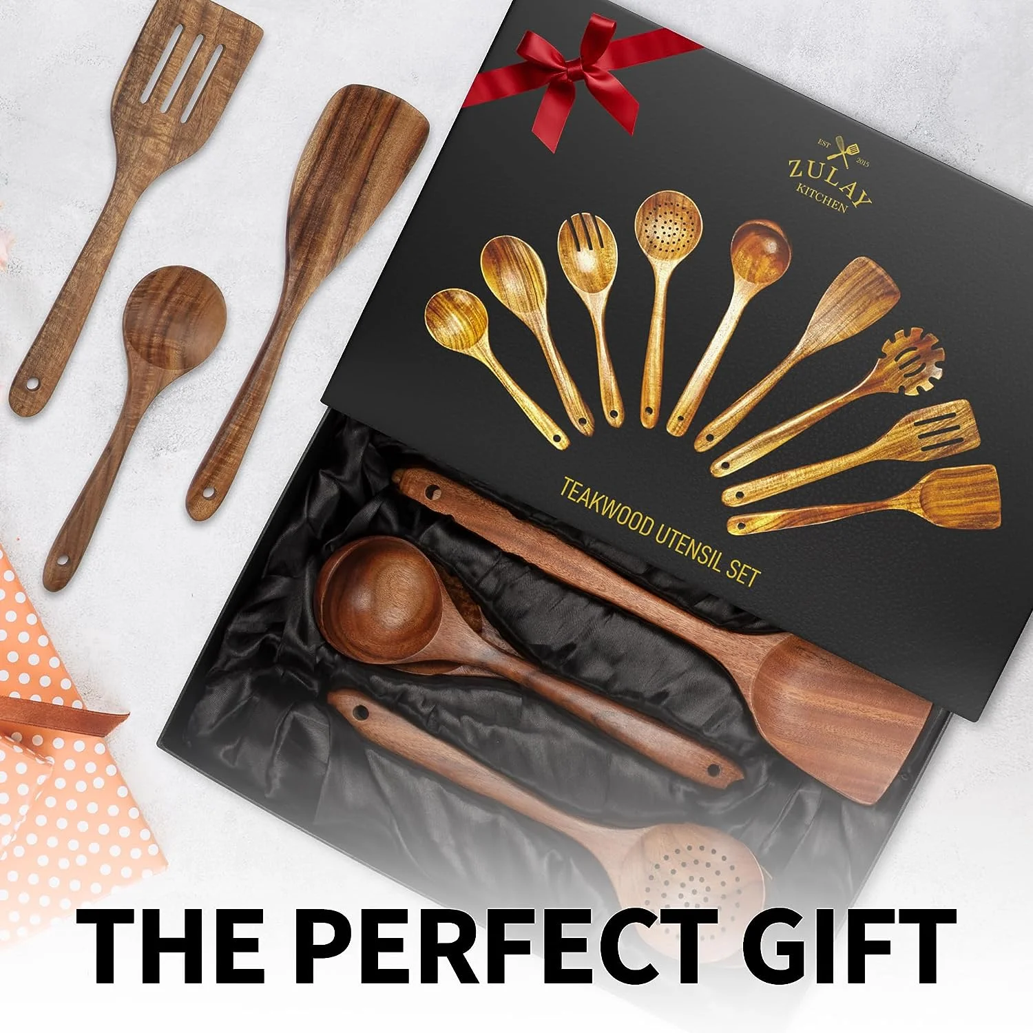 Zulay Kitchen Premium 9 Piece Teak Wooden Utensils - Smooth Finish Natural Teak Wood Cooking Utensil Set with Premium Gift Box - Image 3