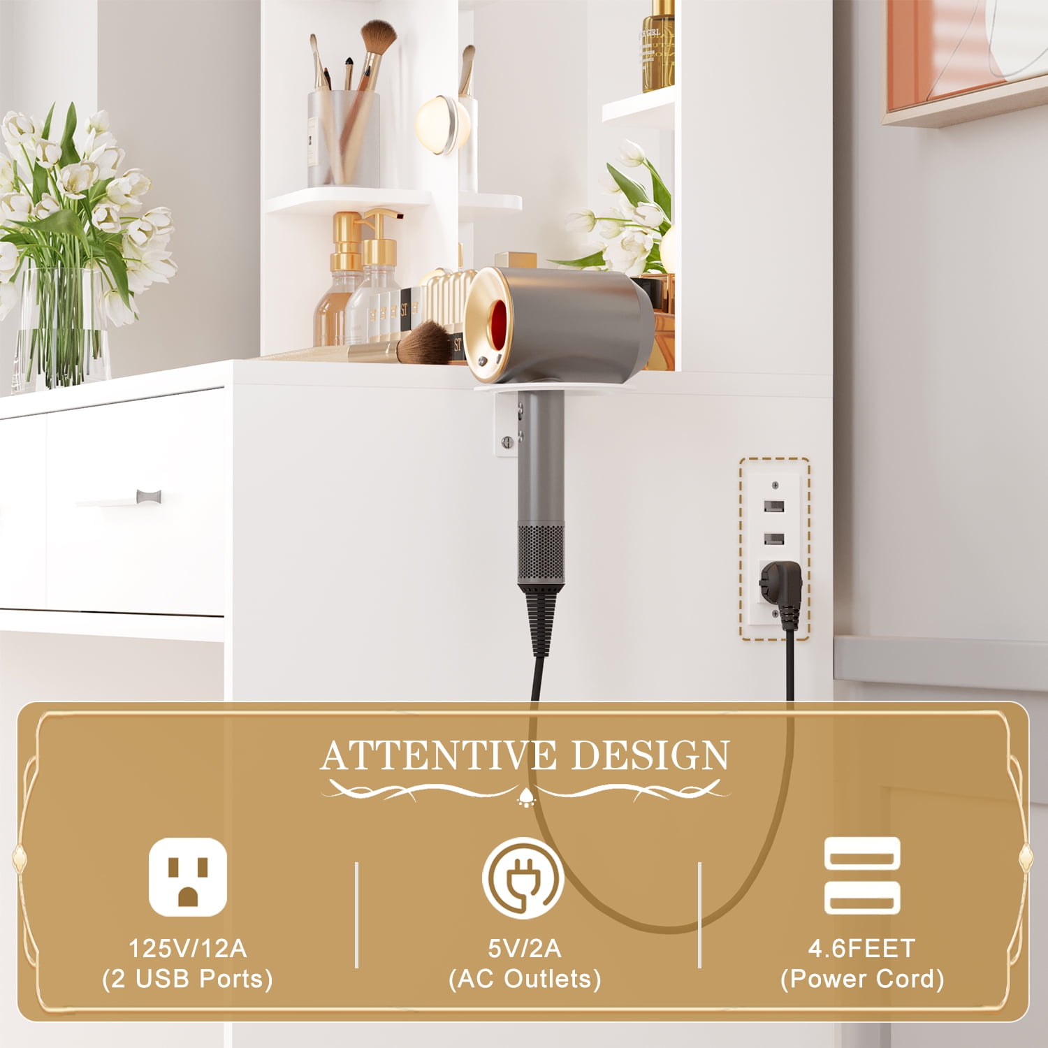 Vineego Makeup Vanity Desk with Lighted Mirror & Power Outlet, Makeup Vanity with 2 Drawers,White - Image 5