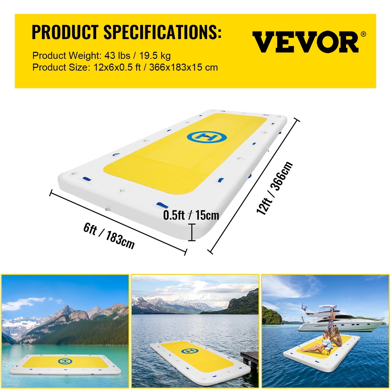 VEVORbrand Inflatable Dock Platform PVC Floating Dock 12 x 6 ft 3-5 Person with 2 Pumps - Image 3