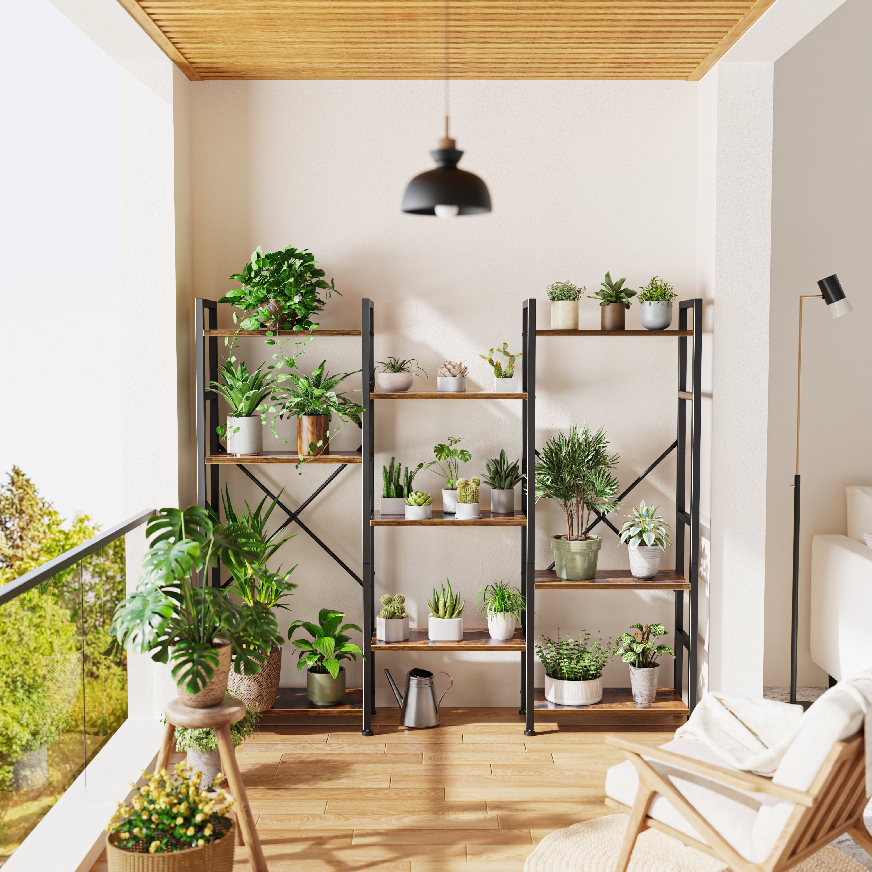 4 Tiers Industrial Bookcase and Bookshelf, Metal Wood 11 Display Shelves, Large Book Shelf for Living Room, Storage Shelf Organizer, Book Case in Brown - Image 7