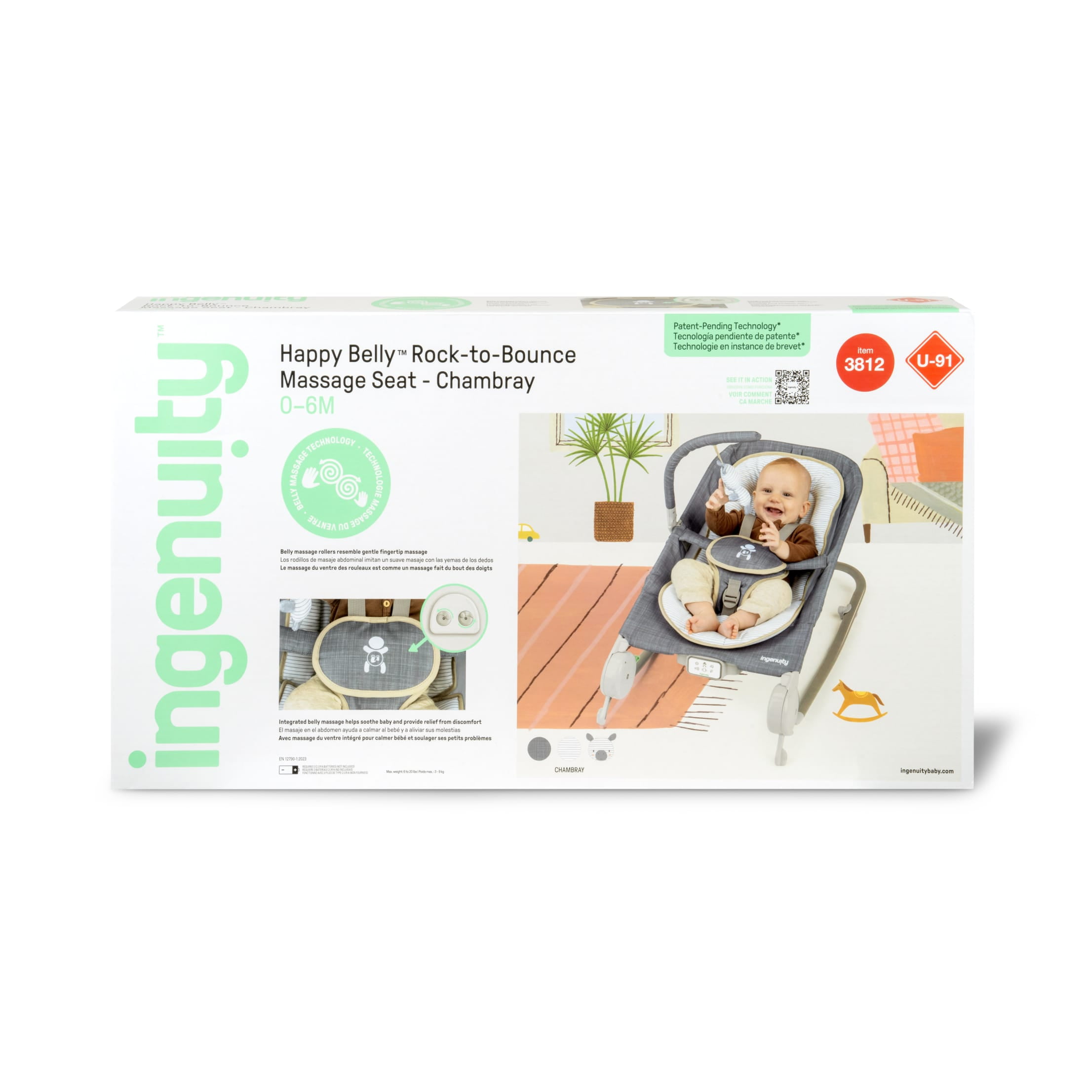 Ingenuity Happy Belly Rock-to-Bounce Infant Baby Massage Seat,Bouncer and Rocker For Ages 0-6 Months, Unisex, Blue - Chambray - Image 15