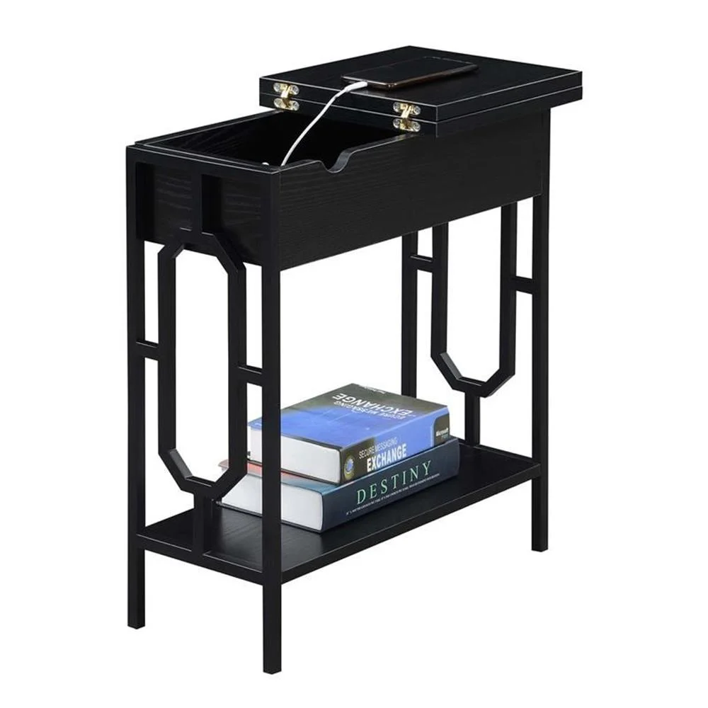 Omega Flip Top End Table with Charging Station - Black Wood Finish & Black Frame - Image 6
