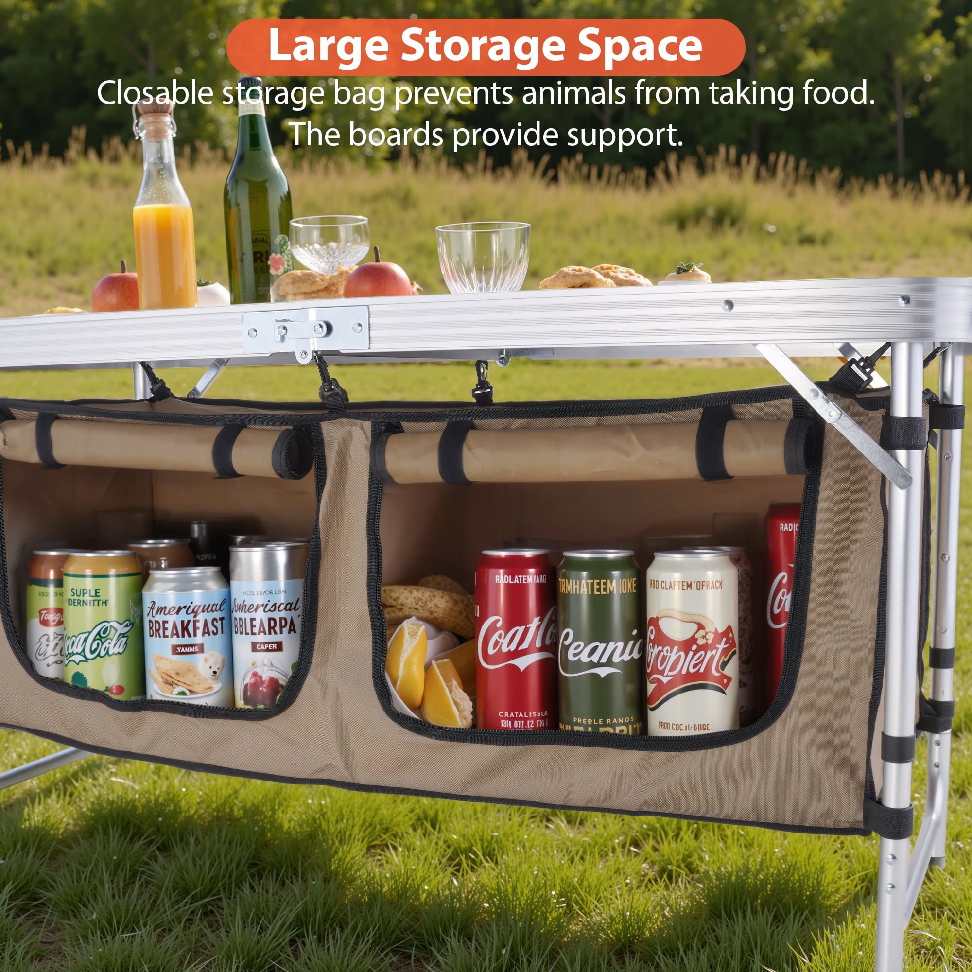 Vecukty Portable Camping Table Set - Aluminum Kitchen Station w/ Storage, Adjustable Feet & Trash Can, brown - Image 6