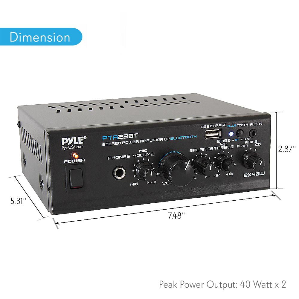 PYLE PTA22BT - Bluetooth Mini Blue Series Audio Amplifier - Compact Desktop Stereo Amplifier Receiver with USB Charge Port, Pager & Mixer Karaoke Mode, Mic Input (40 Watt x 2) - Image 4