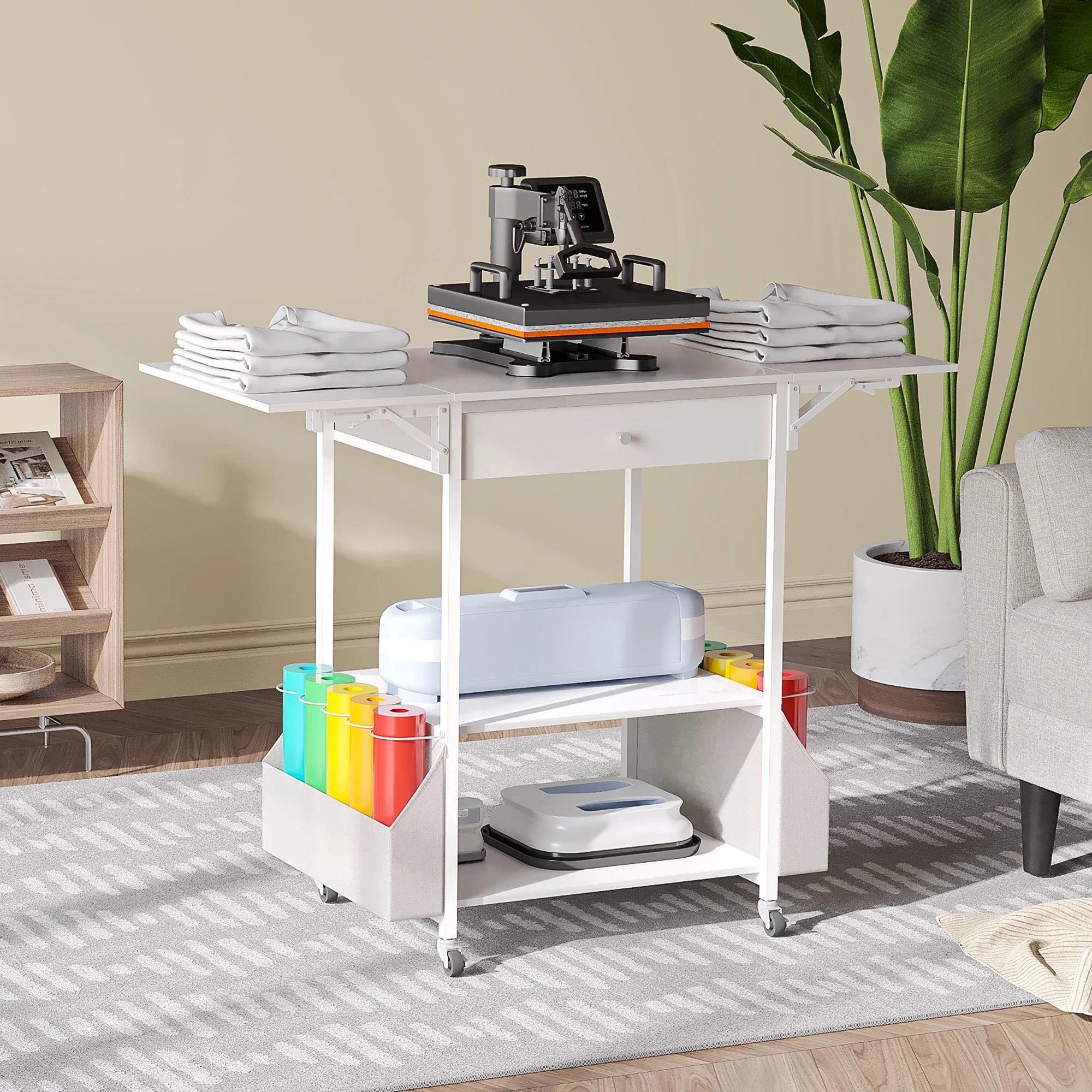Craft Cart Compatible with Cricut Machine, Crafting Table Heat Press Table with Rolling Storage Organizer Craft Workstation Cabinet Desk Stand Furniture for Craft Room Organization - Image 5