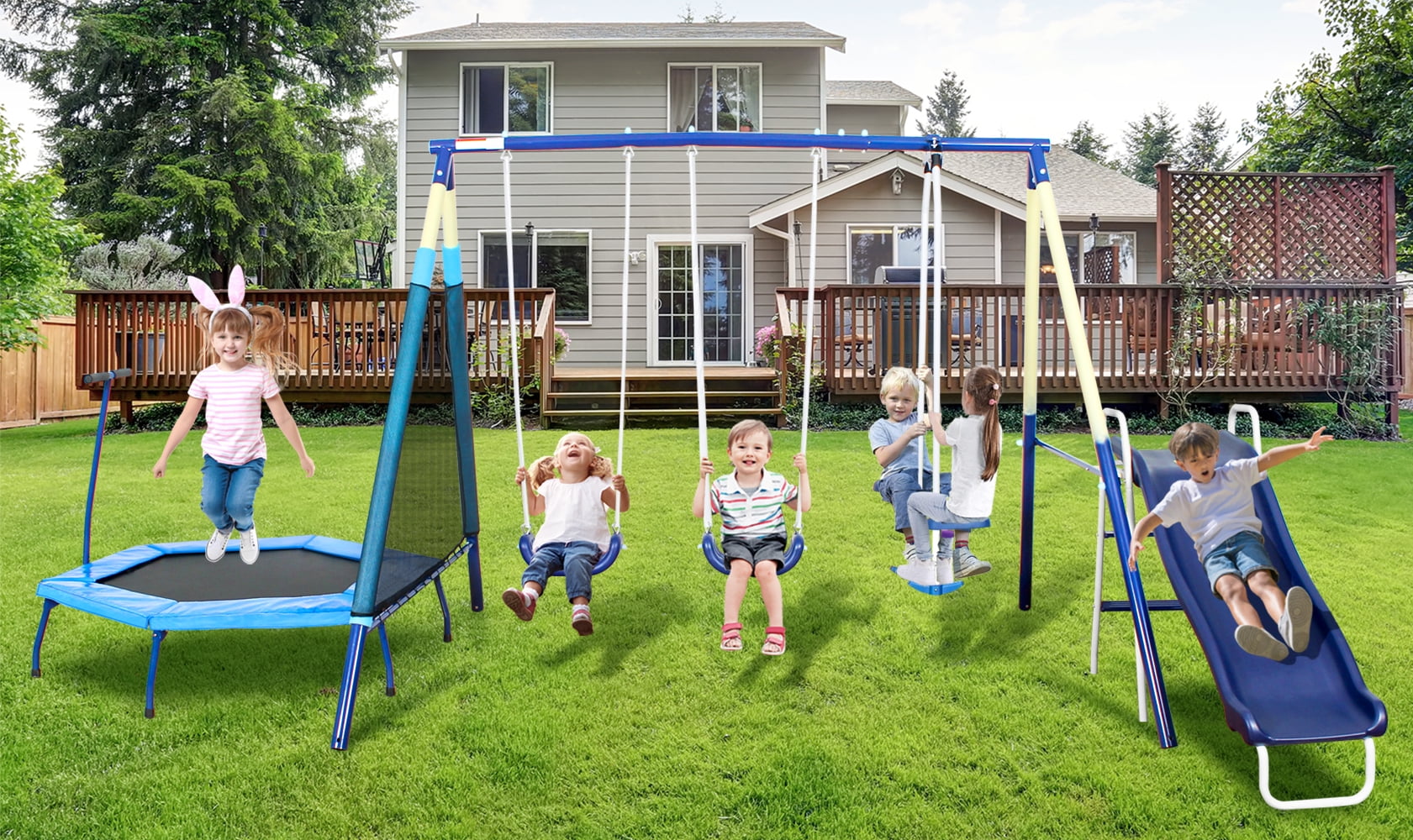 5-in-1 Outdoor Swing Set with Slide, Detachable Trampoline, Swings & Glider, Swing Set for Outside for Kids - Image 4