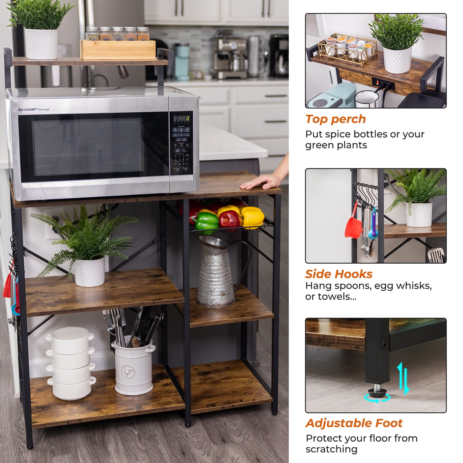 4 Tiers Bakers Rack with Power Outlets, Coffee Bar Table with 6 Hooks, Wood Microwave Stand with Wire Basket, Kitchen Storage Shelf, Kitchen Rack in Brown - Image 7