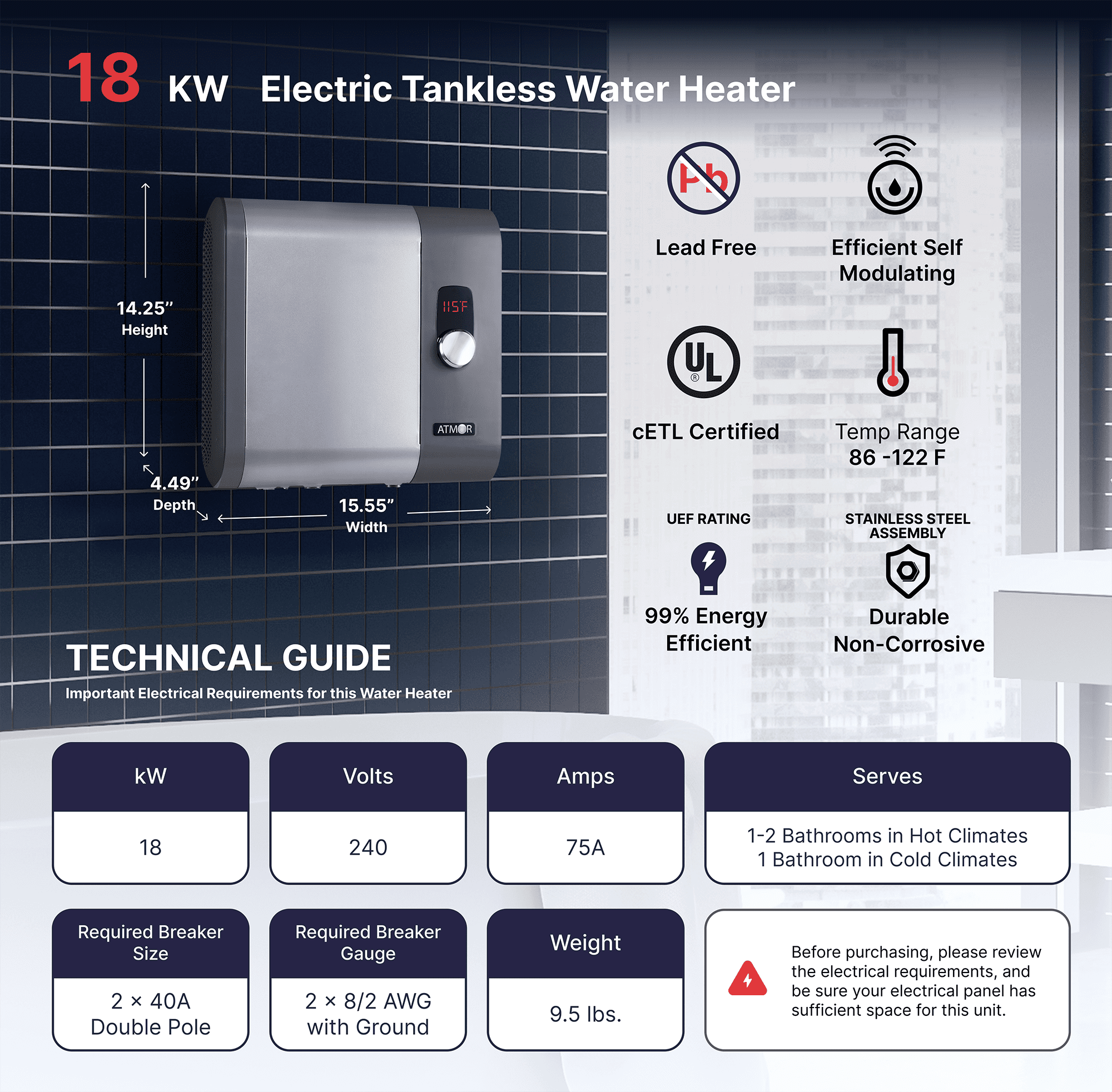 Atmor 18kW 3.73 GPM Electric Tankless Water Heater, ideal for 1 bedroom home, up to 3 simultaneous applications - Image 4