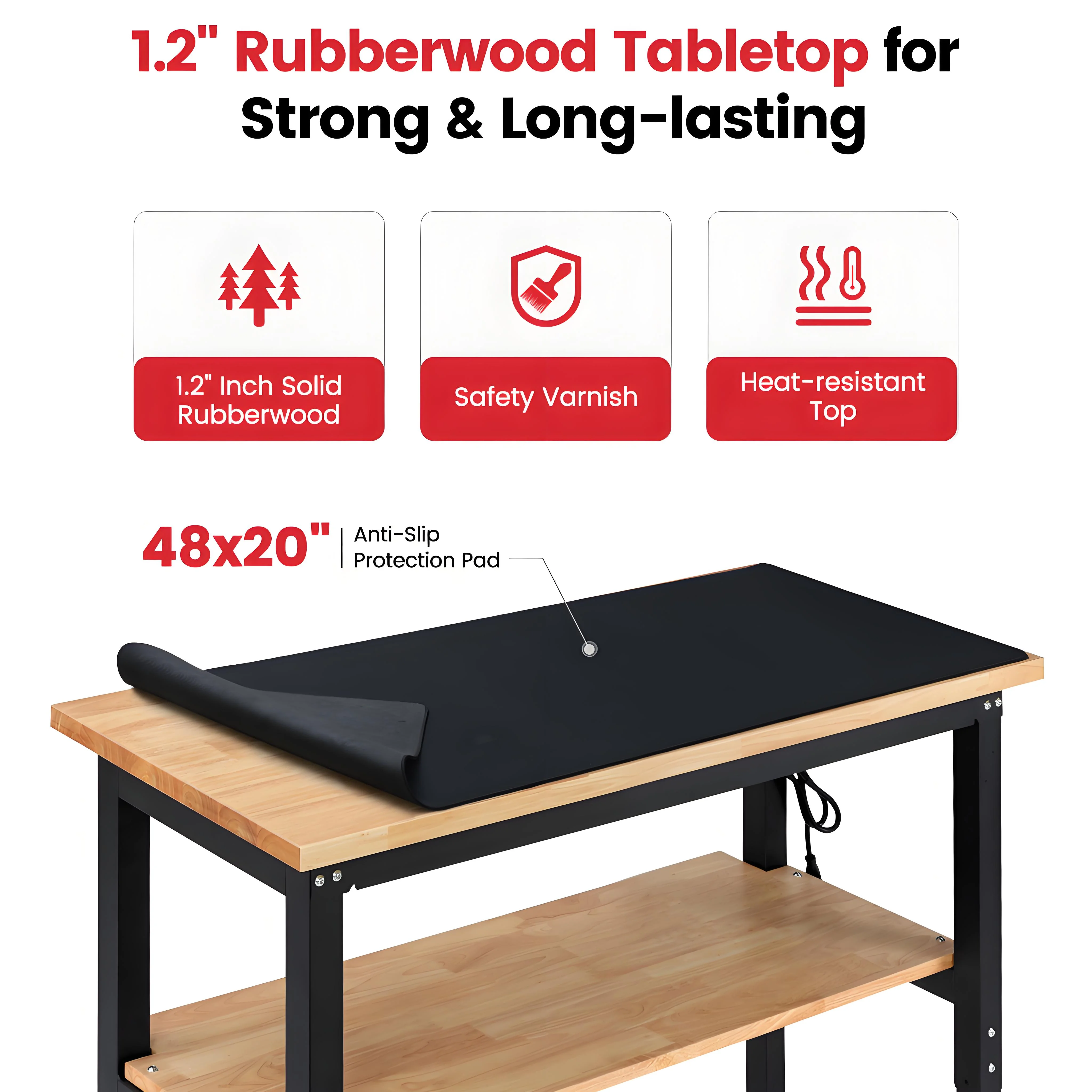 Workbench for Garage,ENJOYWOOD Heavy-Duty 48 inch 2 Tier Wood Work Bench with Storage Pegboards,Rubber Mat,Power Outlets, Rubber Wood Tabletop 2000 LBS Load Bearing Workstation Garage Desk Work Table - Image 3