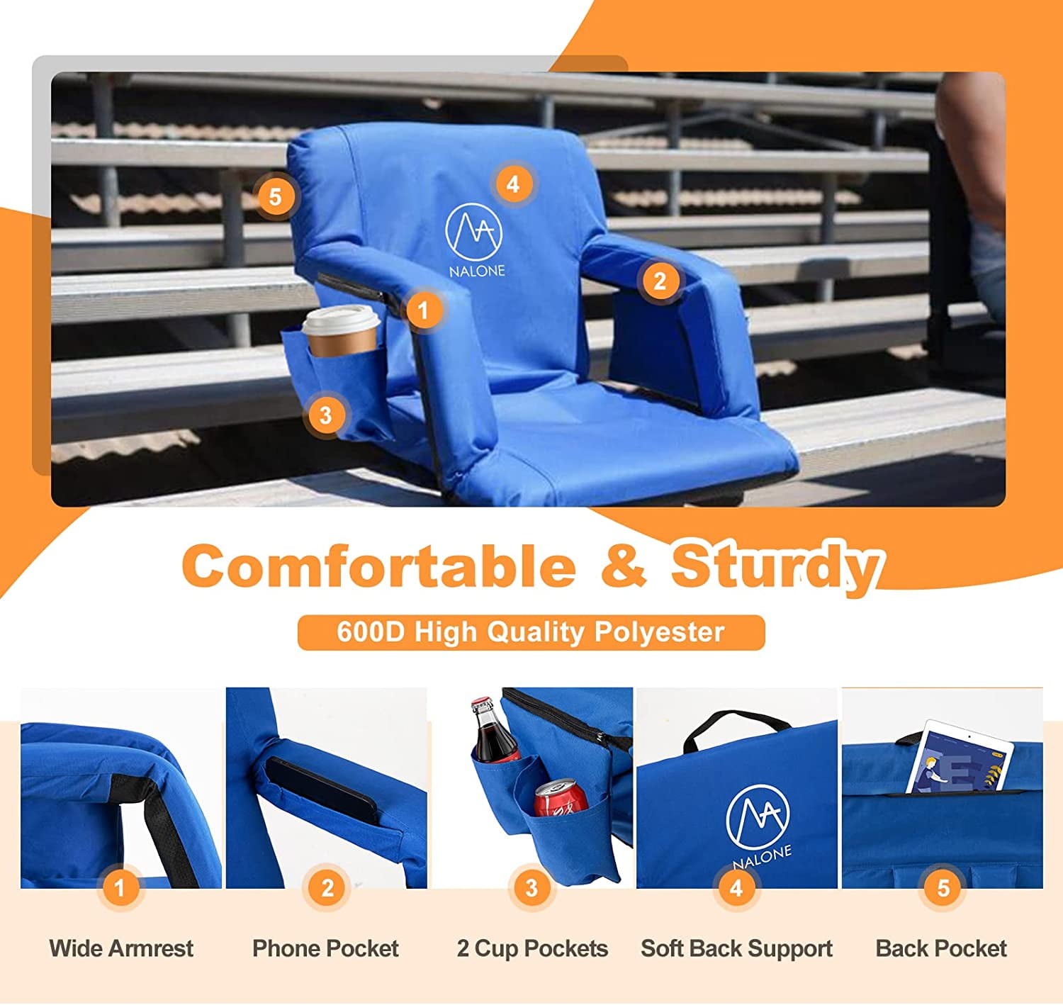 NALONE Folding Stadium Seat 25 inch Wide Stadium Chairs for Bleachers Portable with Back Supports Thick Padded Cushion Armrests Reclining - Image 3