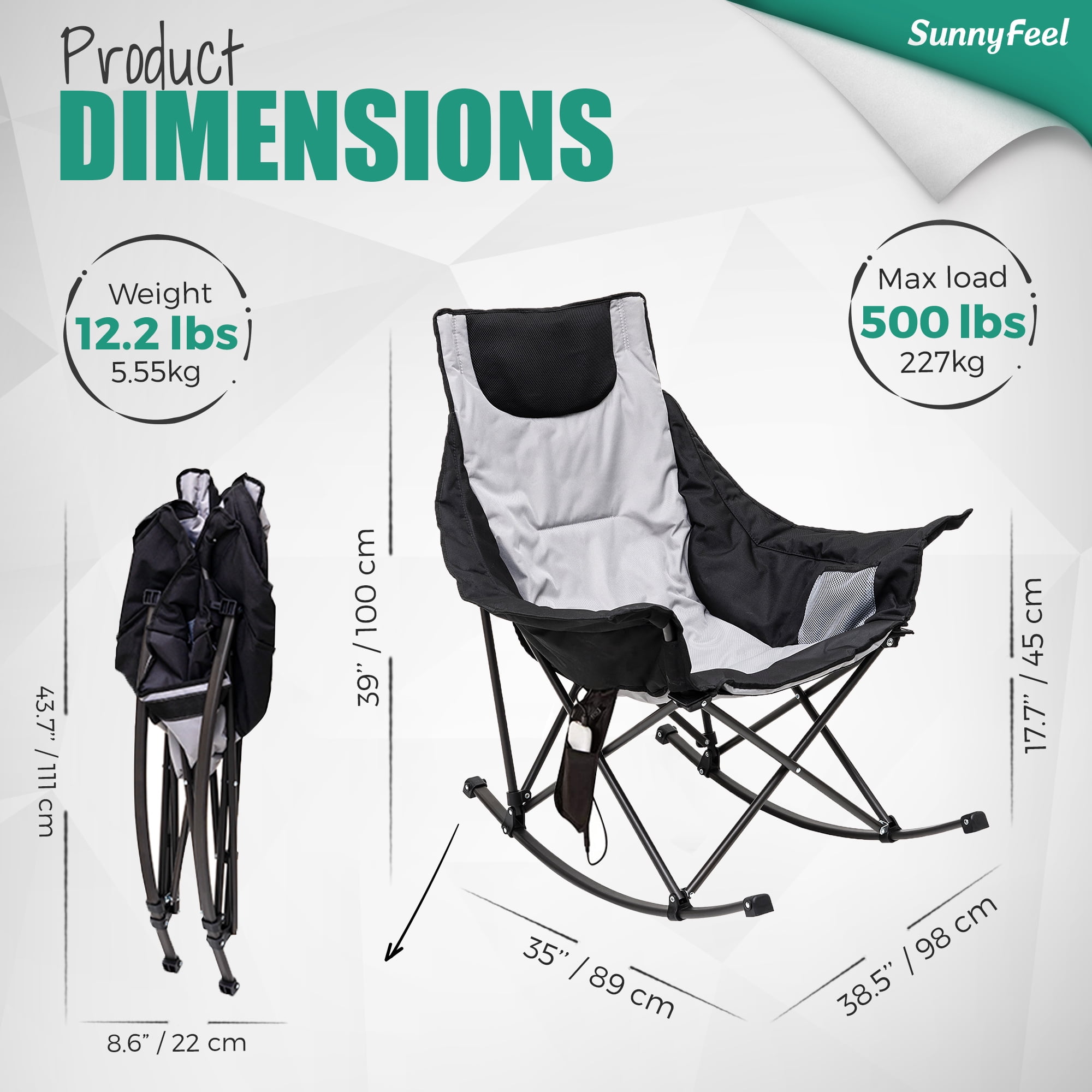 Sunnyfeel Oversized Heated Camping Chair, Folding Rocking Camping Chairs with Luxury Padded Recliner,Carry Bag, 300 LBS Heavy Duty for Lawn/Outdoor/Picnic/Patio, Portable Rocker Camp Chair - Image 4