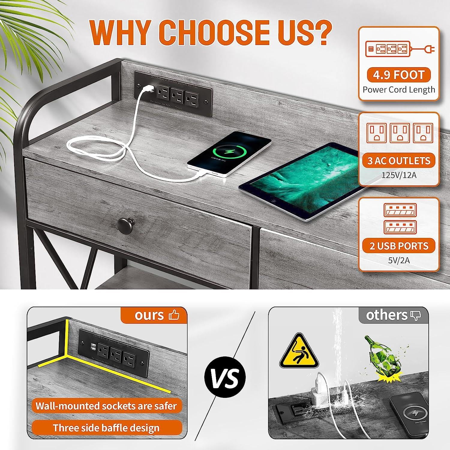 "Zimtown 55"" Industrial Console Table with Power Outlet and USB Ports, Gray, Suitable for Living" - Image 6