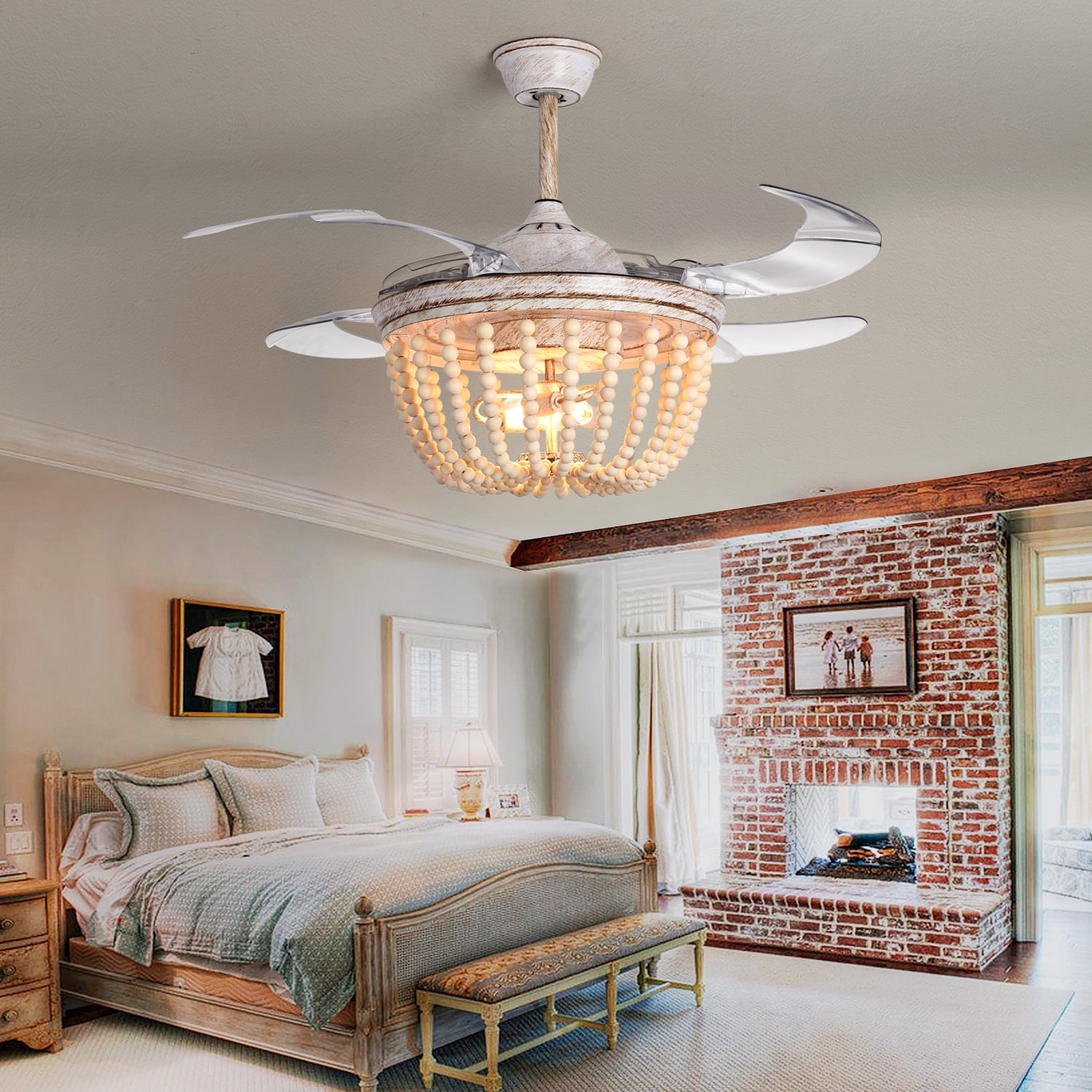 Wood Bead Ceiling Fan with Lights, Boho Chandelier, Reverse Retractable Blades, 42 inch 6-Gear Speed, Remote Control, Timing Function, For Kitchen, Living room, Bedroom (Bulb Not Included) - Image 7